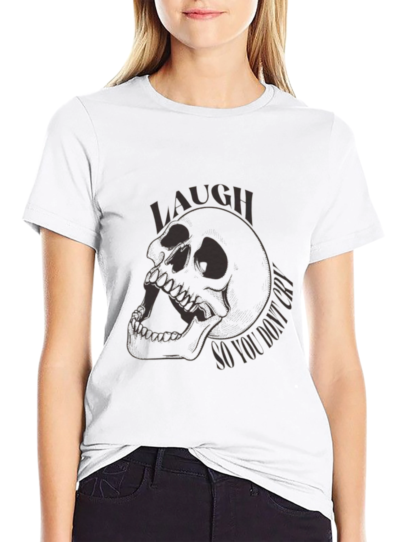 Black Skull Graphic T-Shirt - Laugh So You Don't Cry Tee view 9