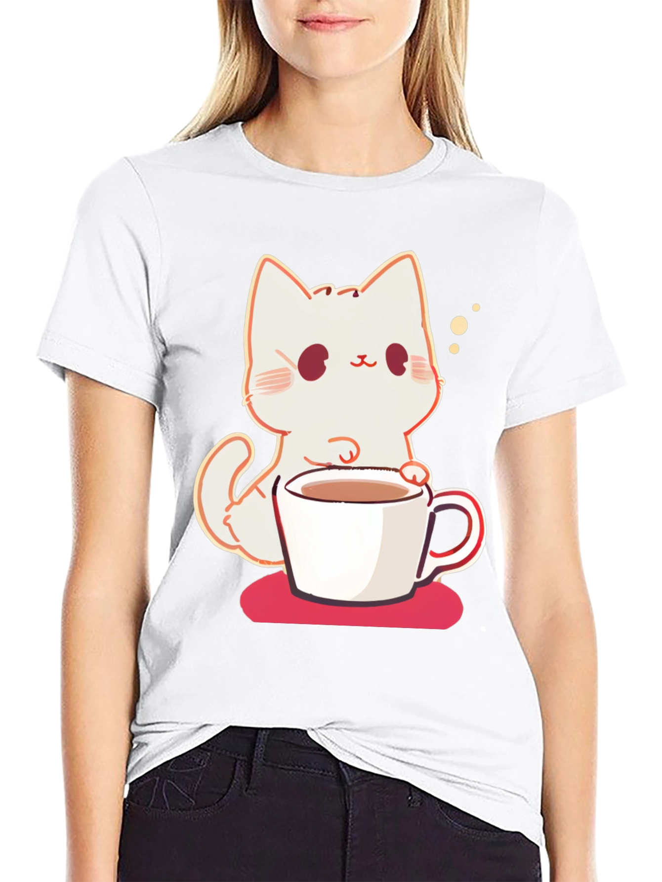 Black Cute Cat with Coffee T-Shirt view 9