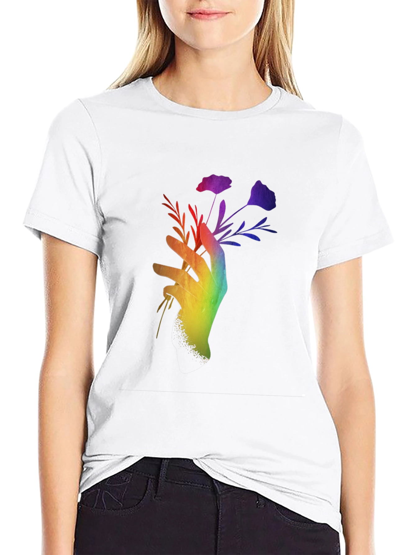 Black Rainbow Hand Holding Flowers Black T-Shirt view 9