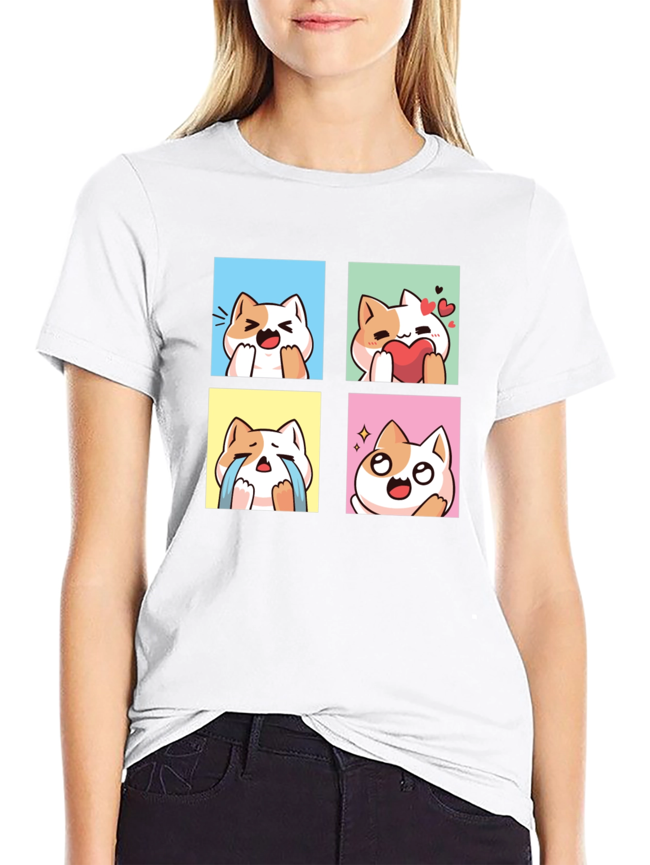 Black Cute Kawaii Cat Emotion T-Shirt view 9