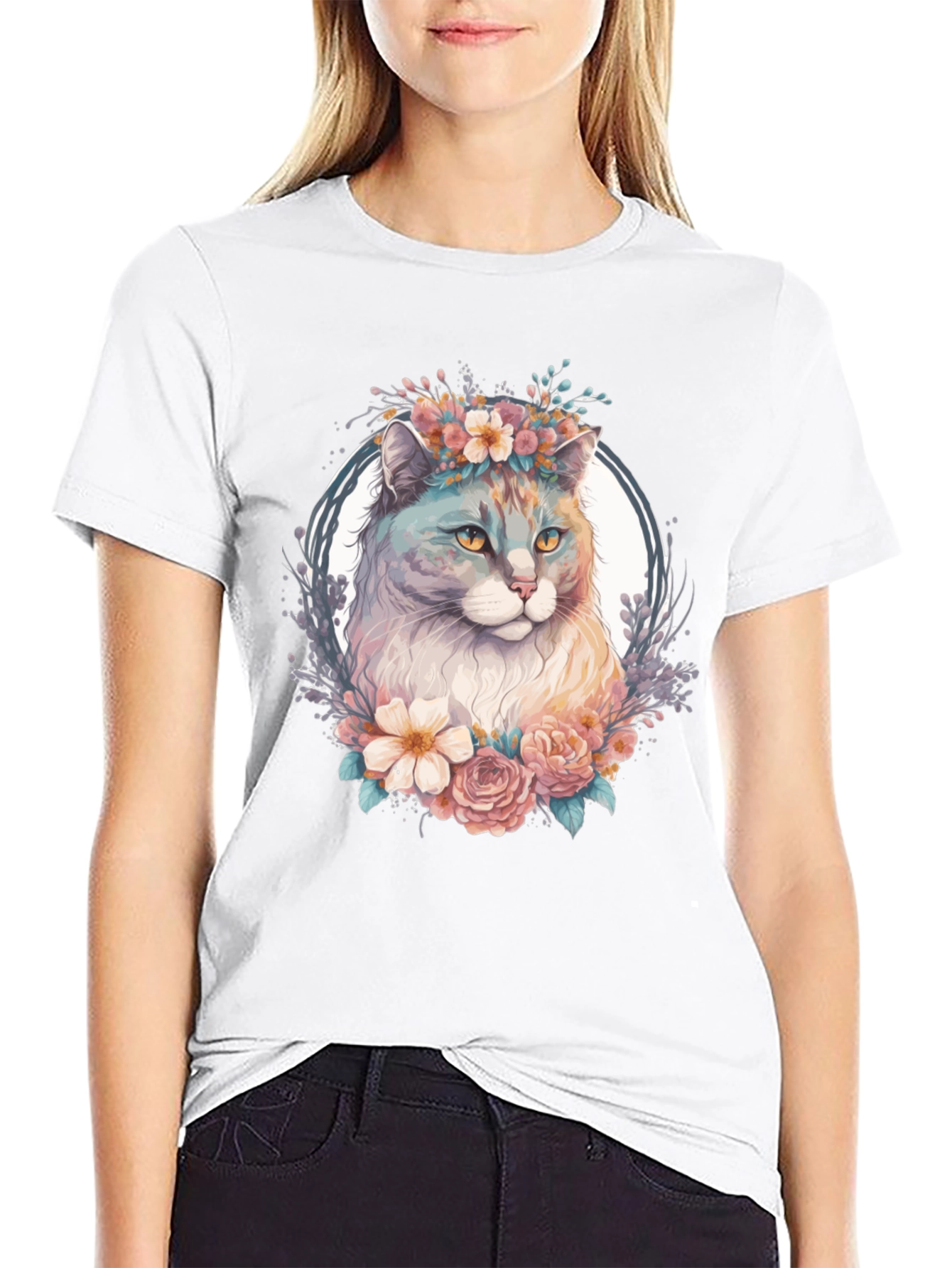 Black Floral Cat Graphic T-Shirt view 9