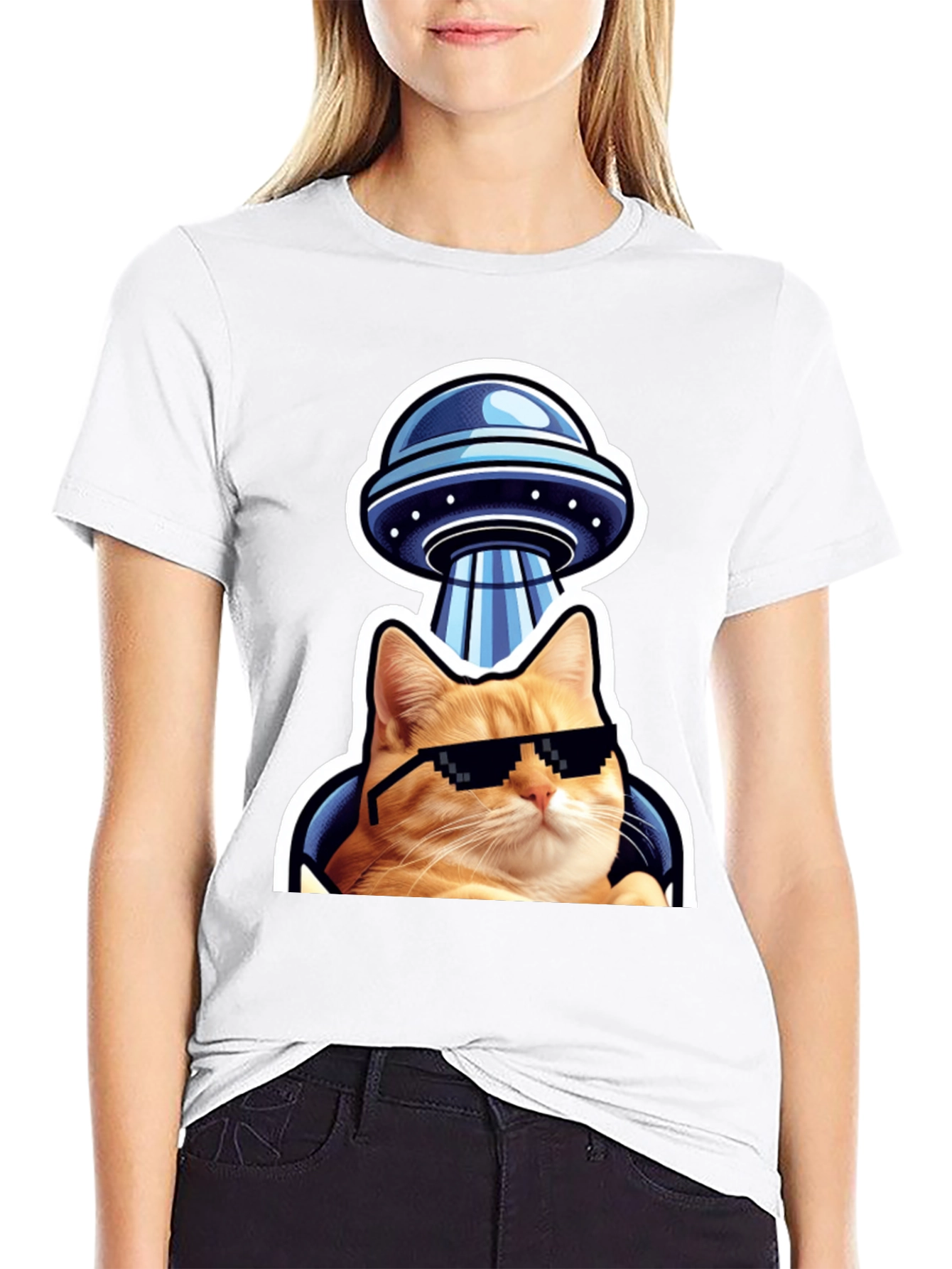Black Cool Cat UFO T-Shirt - Black Cotton Tee view 9