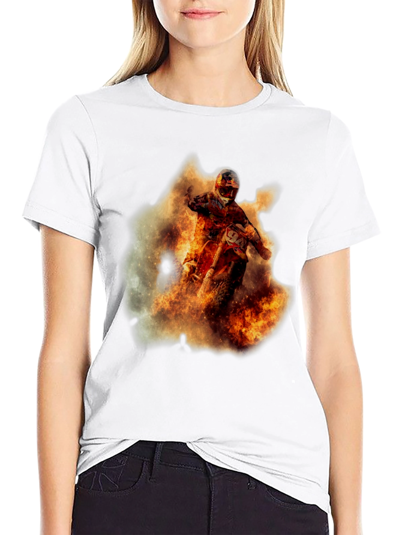Black Fiery Motocross Rider Graphic Tee view 9