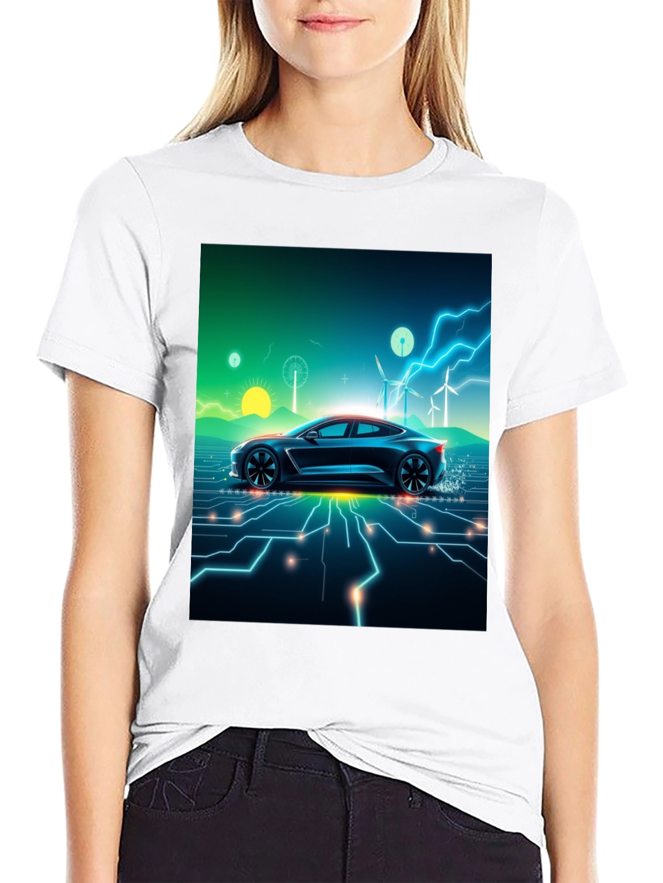 Black Electric Car T-Shirt - Futuristic Style view 9