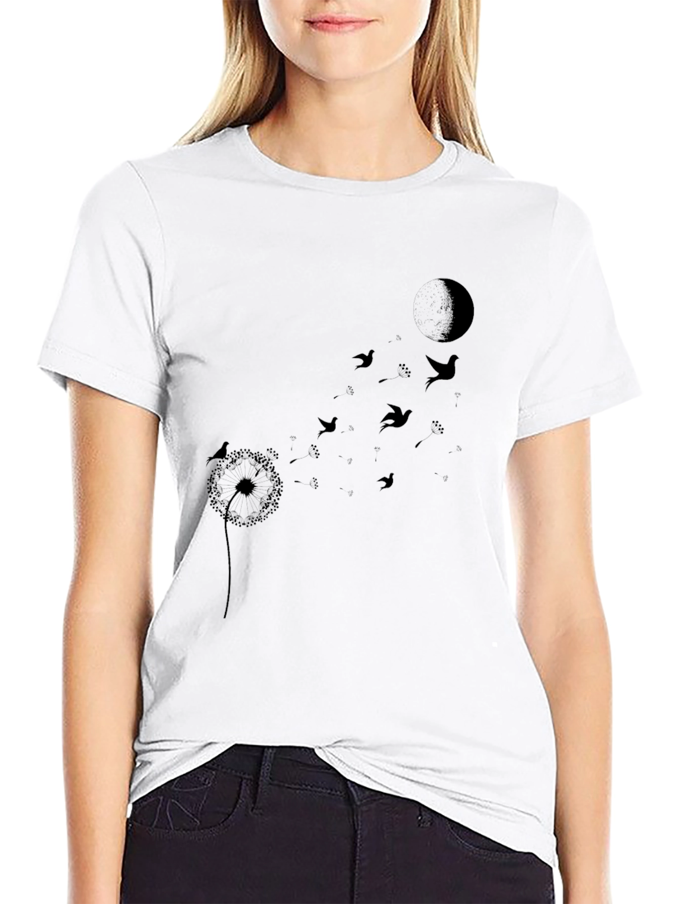Black Dandelion Bird T-Shirt - Black Crew Neck view 9