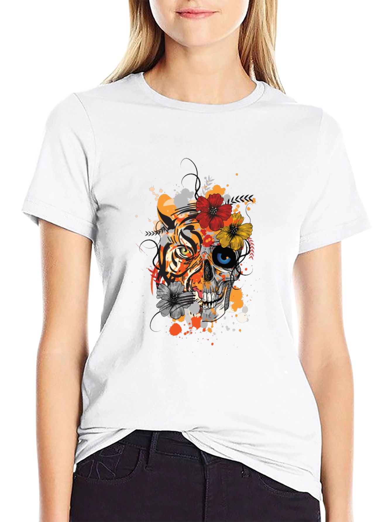 Black Tiger Skull Floral Print Black T-Shirt view 9