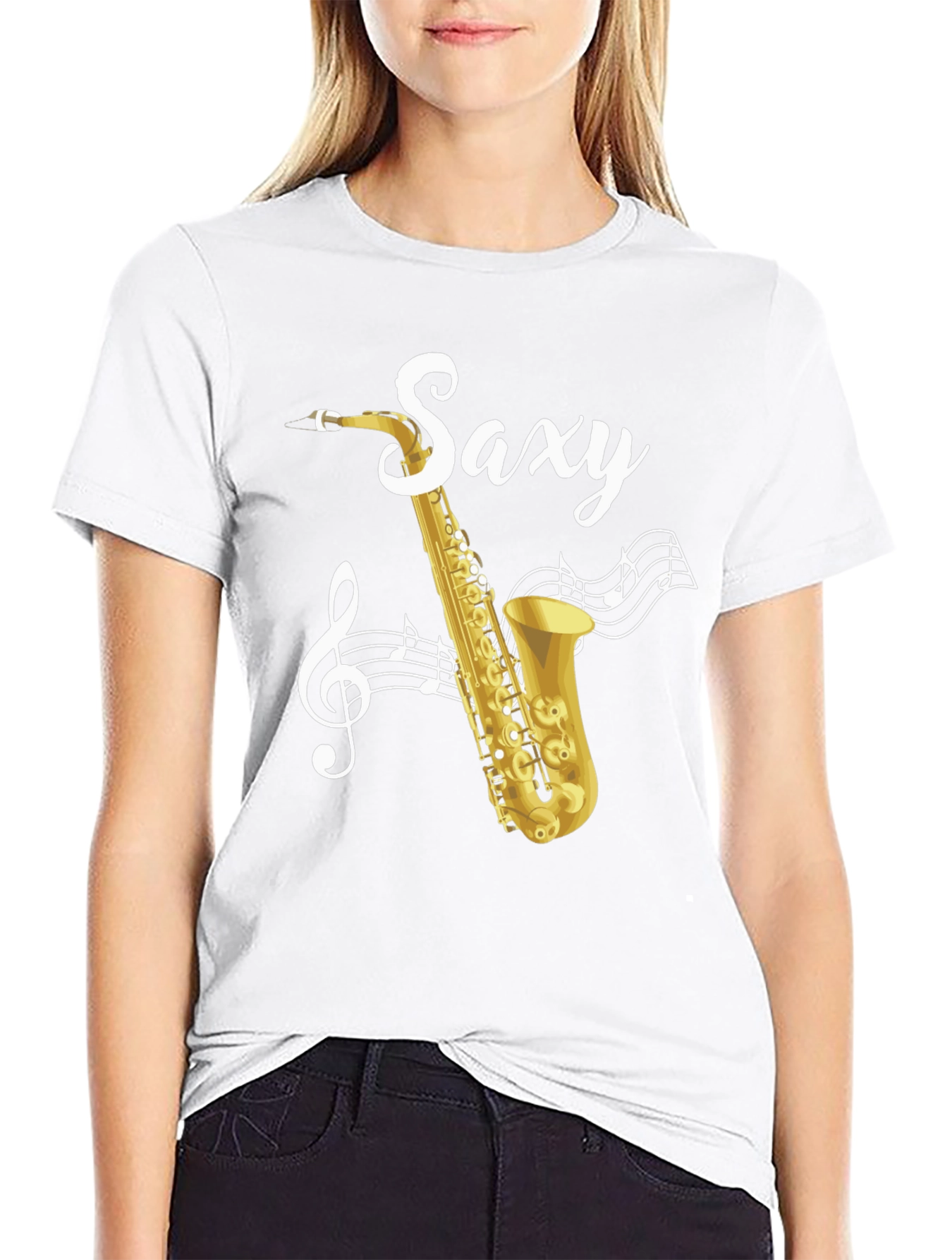 Black Saxy Saxophone Music Notes Graphic T-Shirt view 9