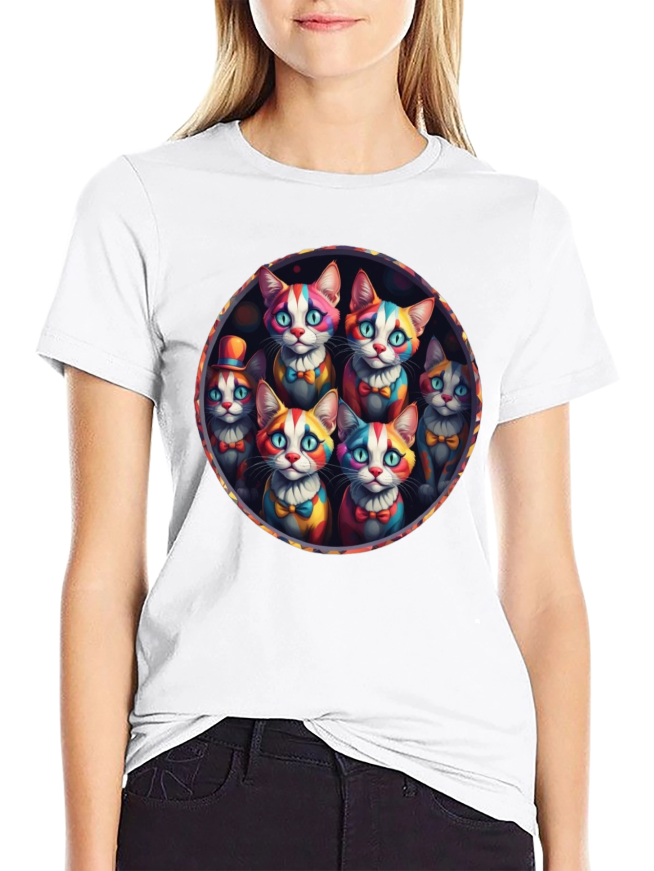 Black Colorful Clown Cats Graphic Tee - Unique Design view 9
