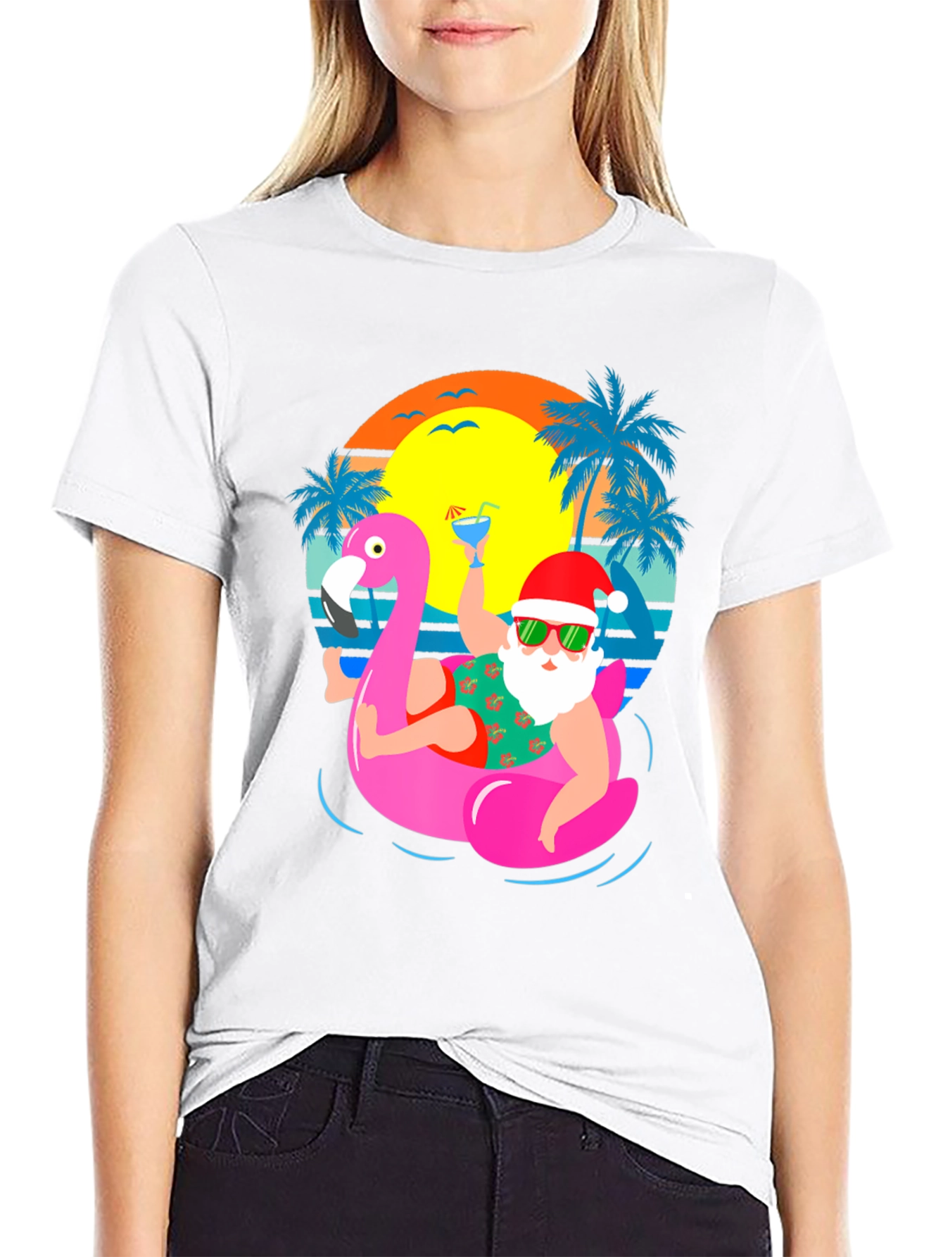 Santa Flamingo Pool Party Graphic T-Shirt - 9