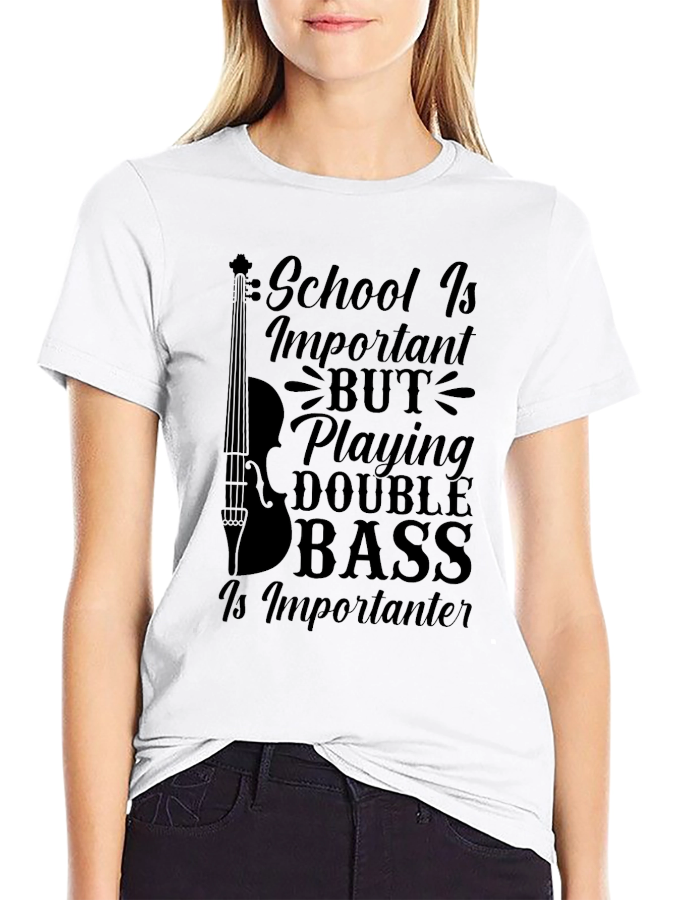 Black Double Bass Player T-Shirt: School is Important! view 9