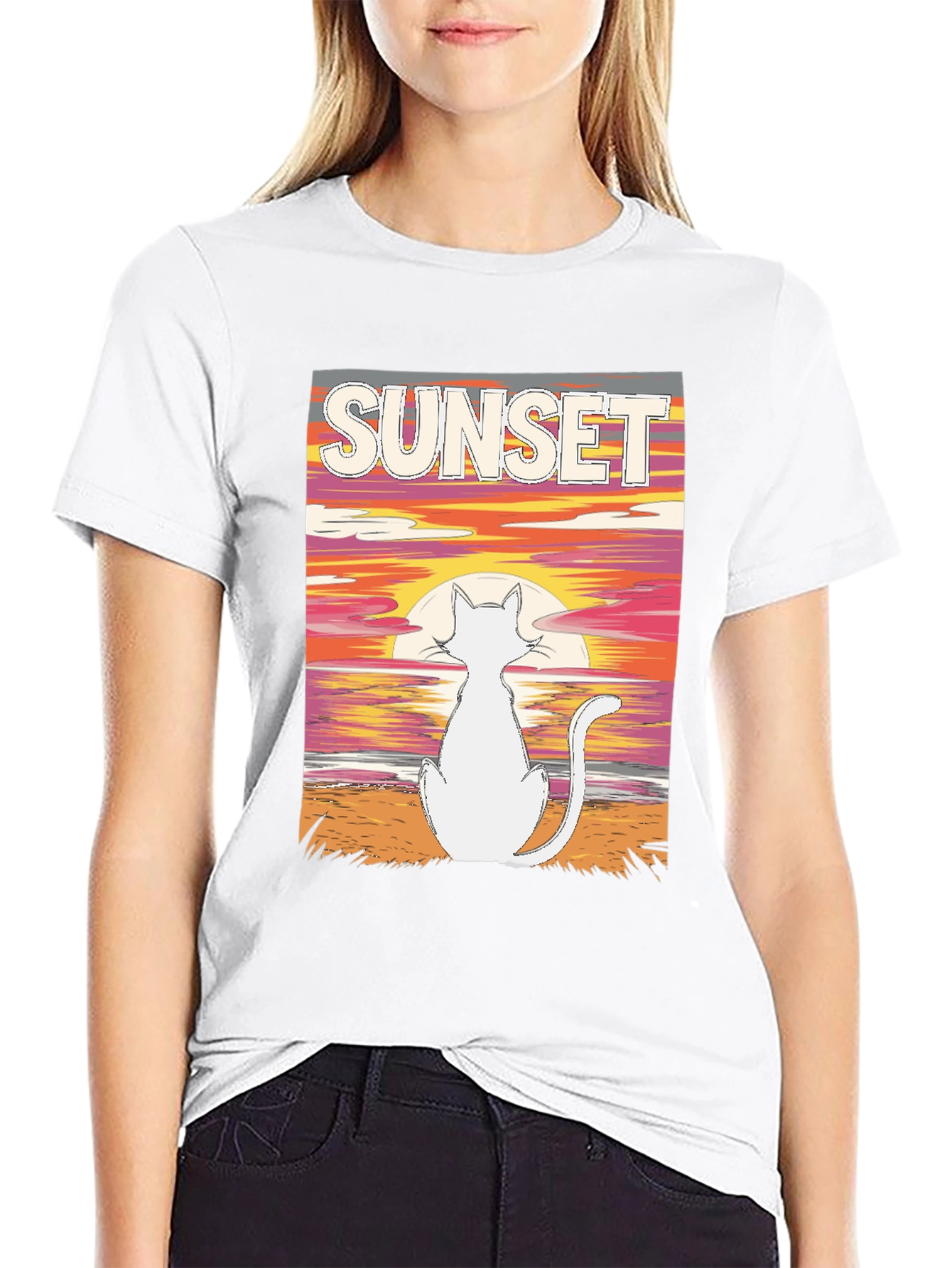 Black Sunset Cat Graphic Tee - Black Cotton T-Shirt view 9