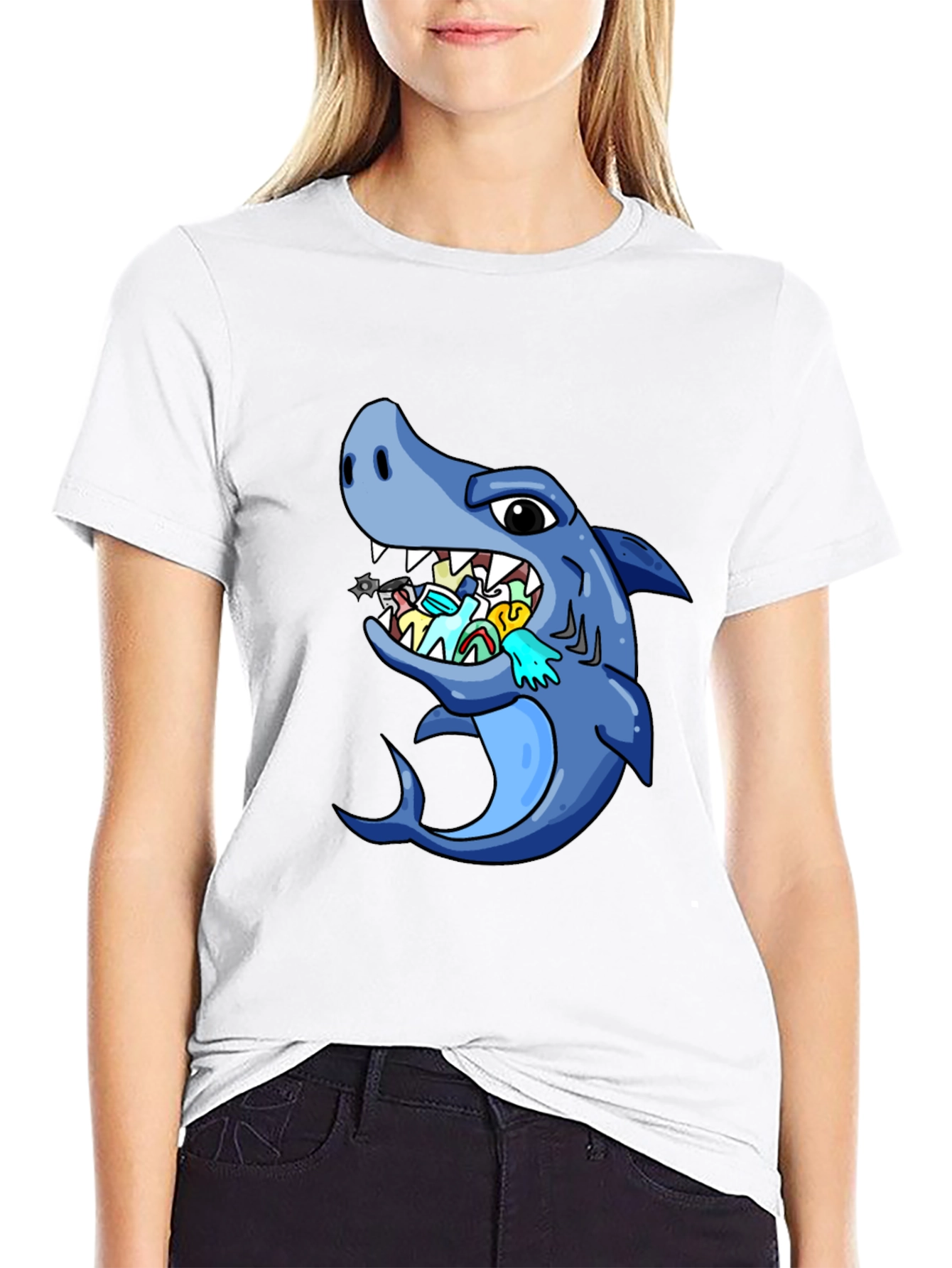 Black Shark Eating Masks Funny T-Shirt view 9
