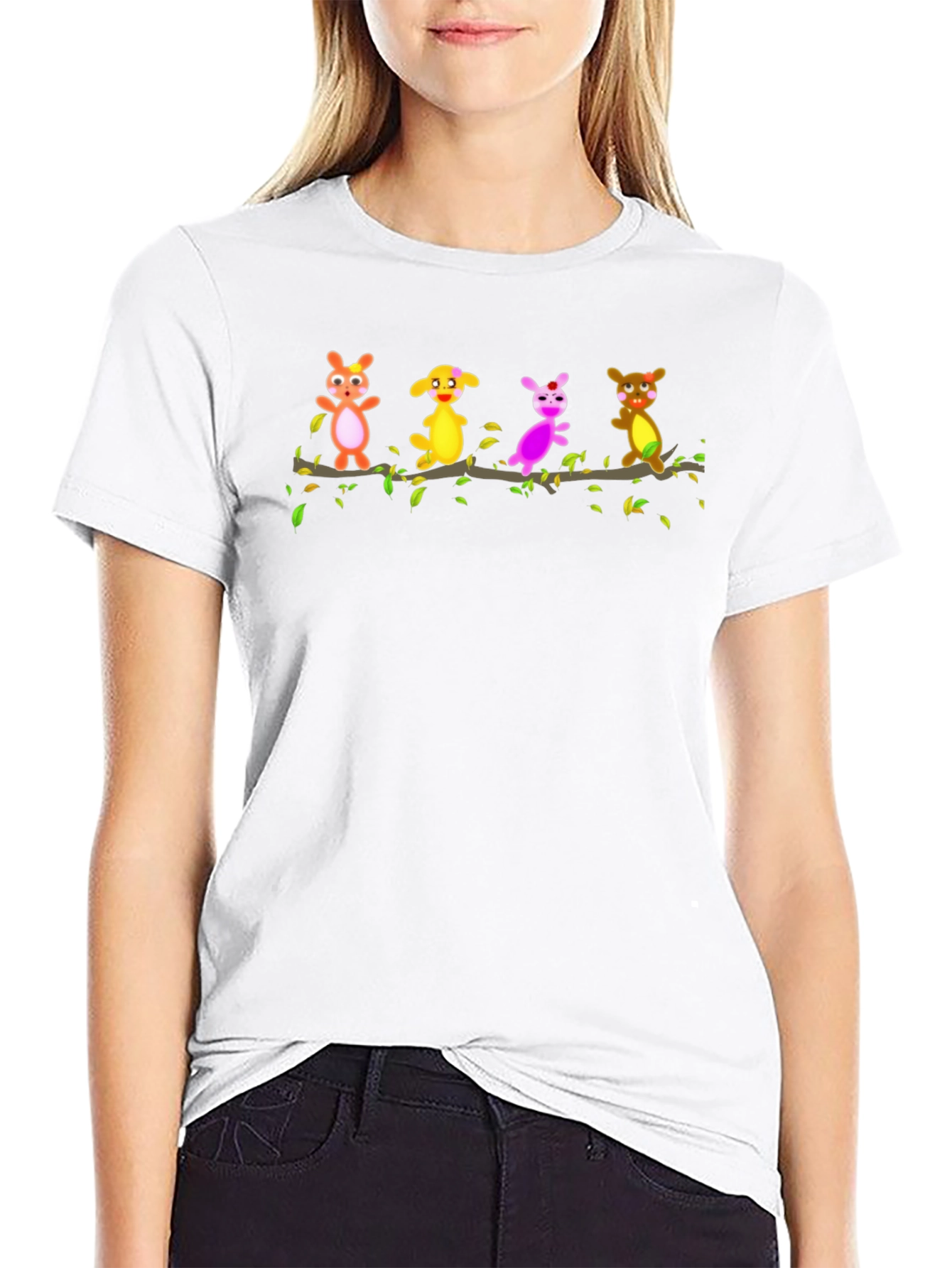 Black Cartoon Critters on a Branch Black T-Shirt view 9