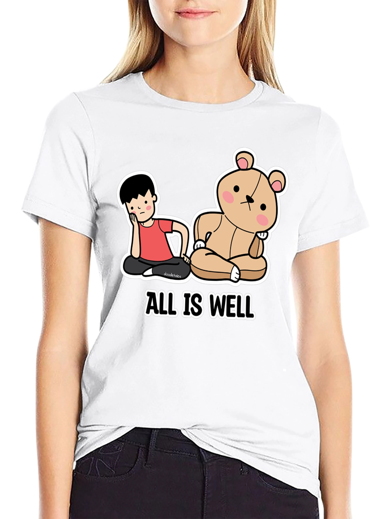 Black All Is Well T-Shirt: Cartoon Boy & Bear Meditating Graphic Tee view 9