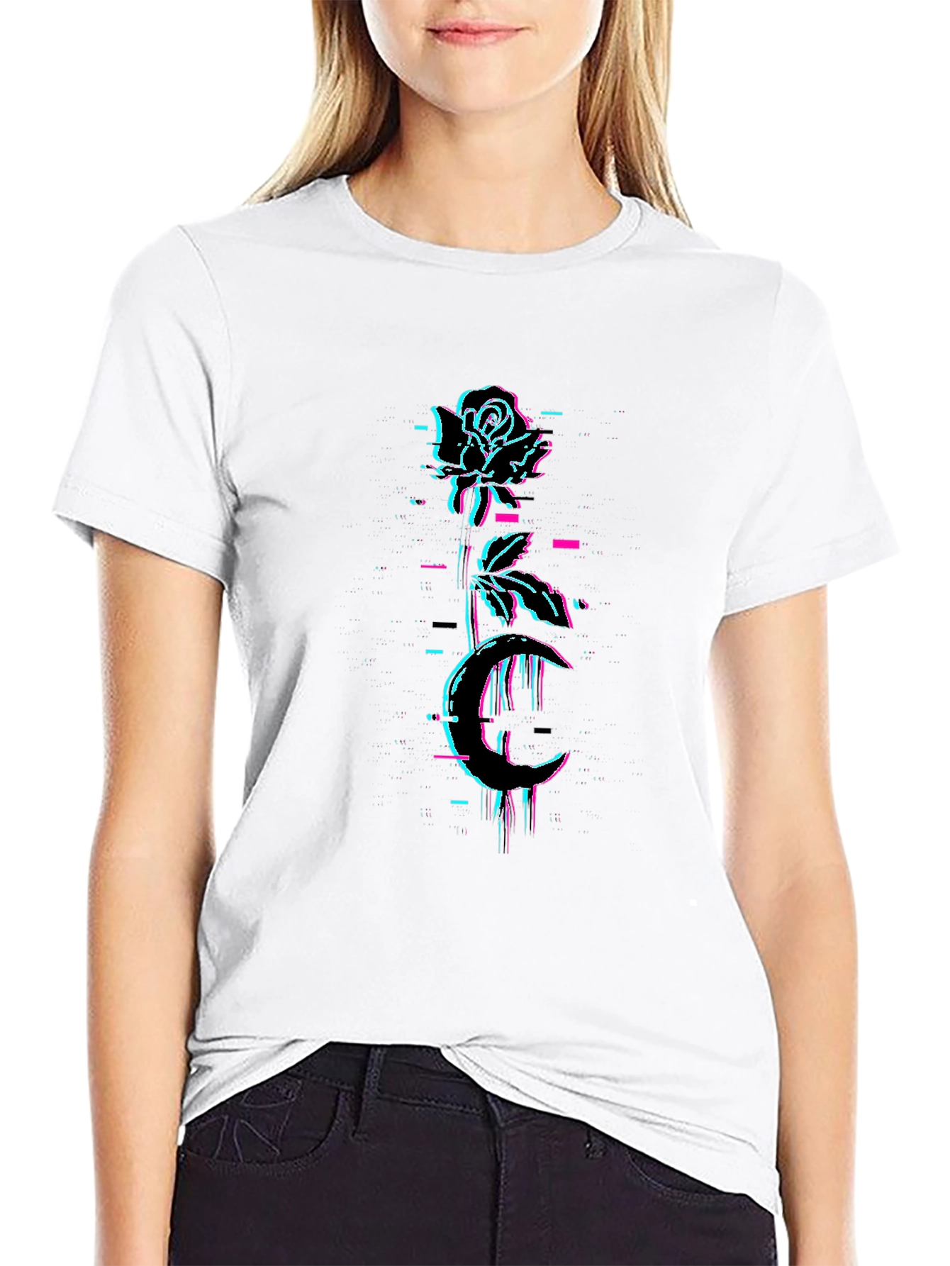 Black Rose & Moon Glitch Graphic Black Tee view 9