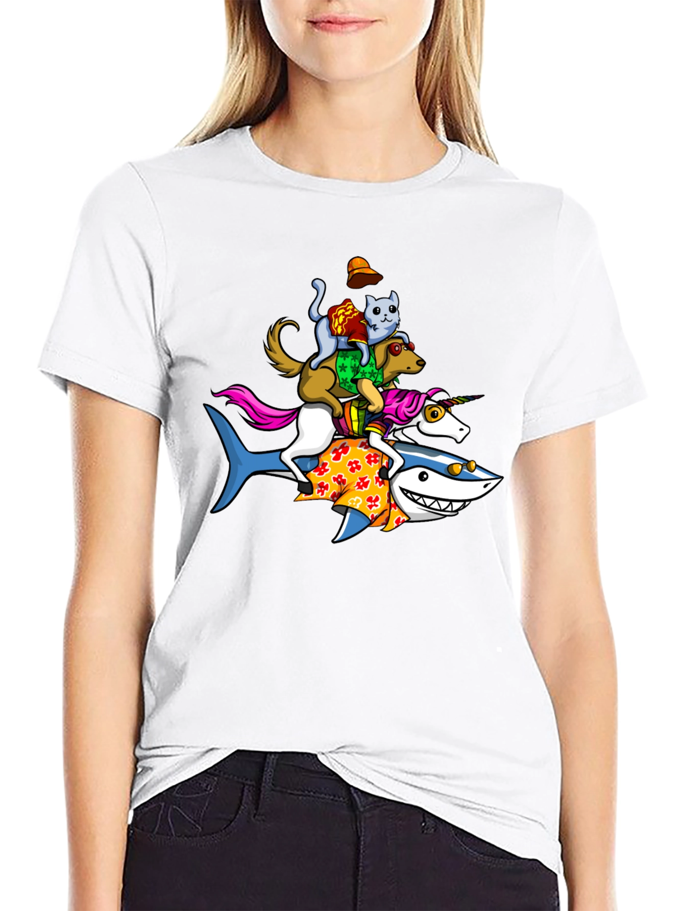 Black Animal Stack T-Shirt: Shark, Unicorn, Dog, Cat view 9