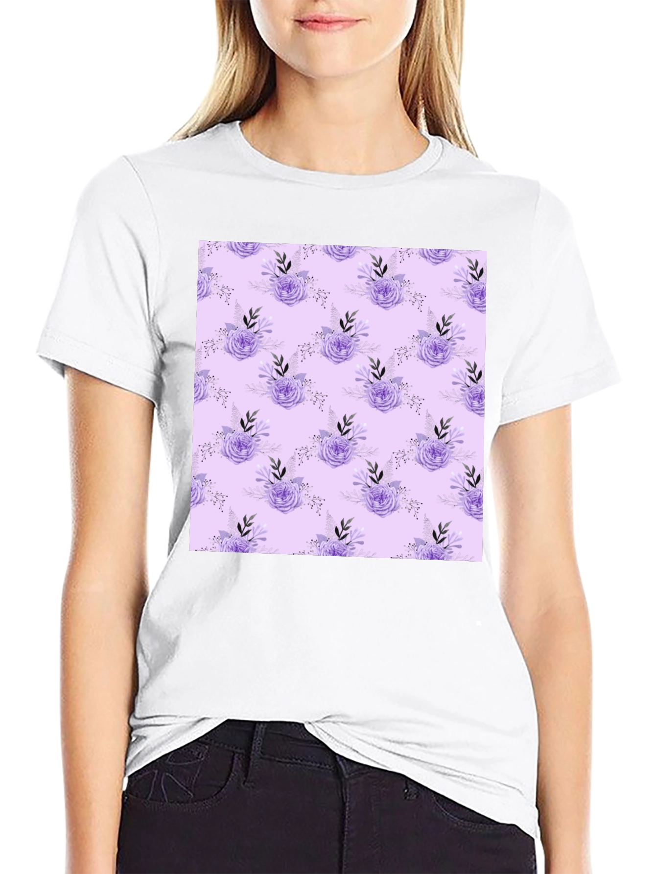 Black Floral Lavender Pattern Black T-Shirt view 9
