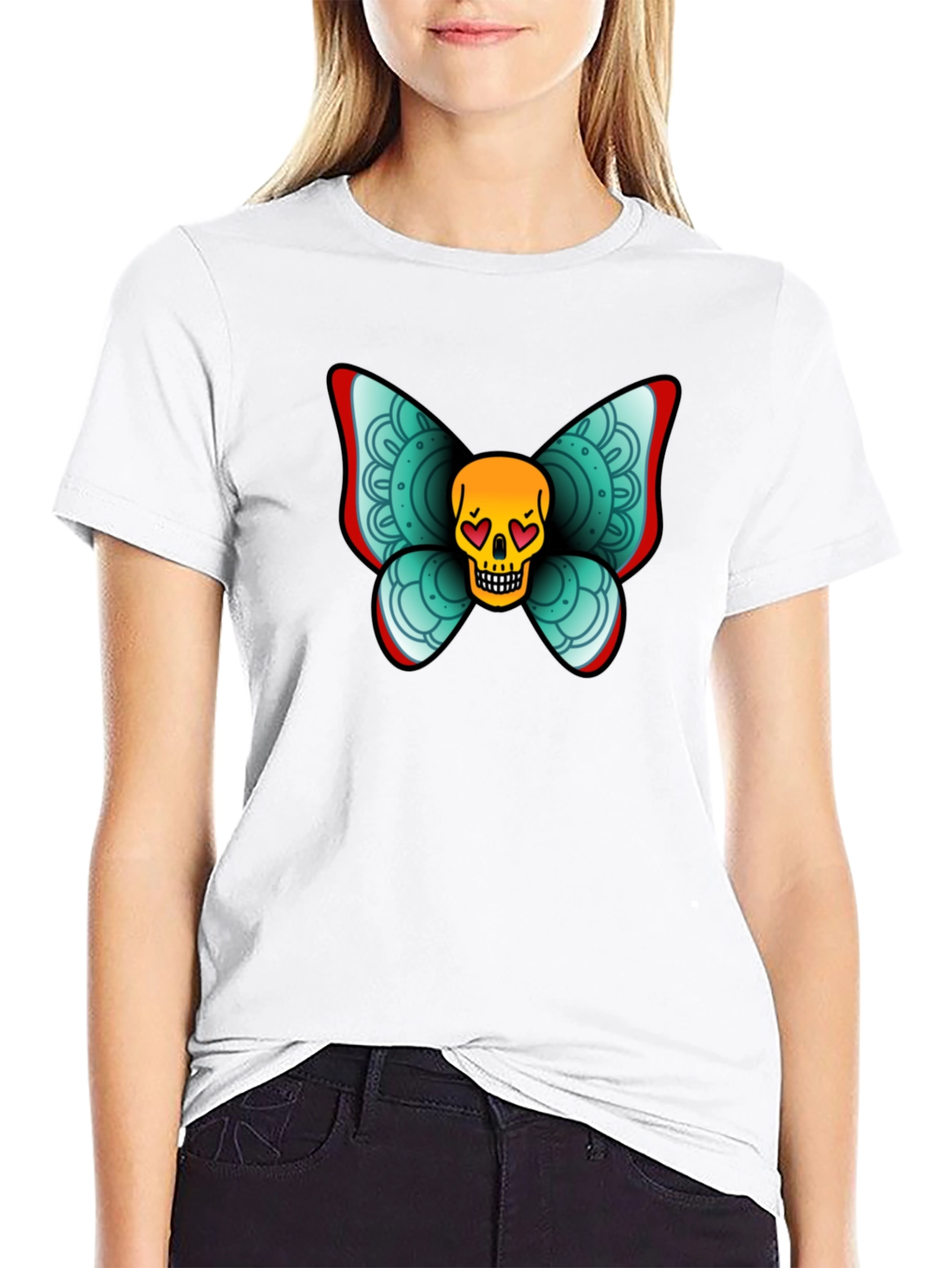 Black Skull Butterfly Graphic Tee - Black Cotton T-Shirt view 9