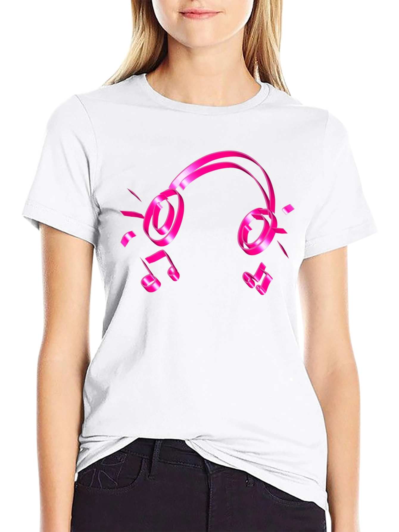 Black Black Tee with Pink Headphones and Music Notes Graphic view 9