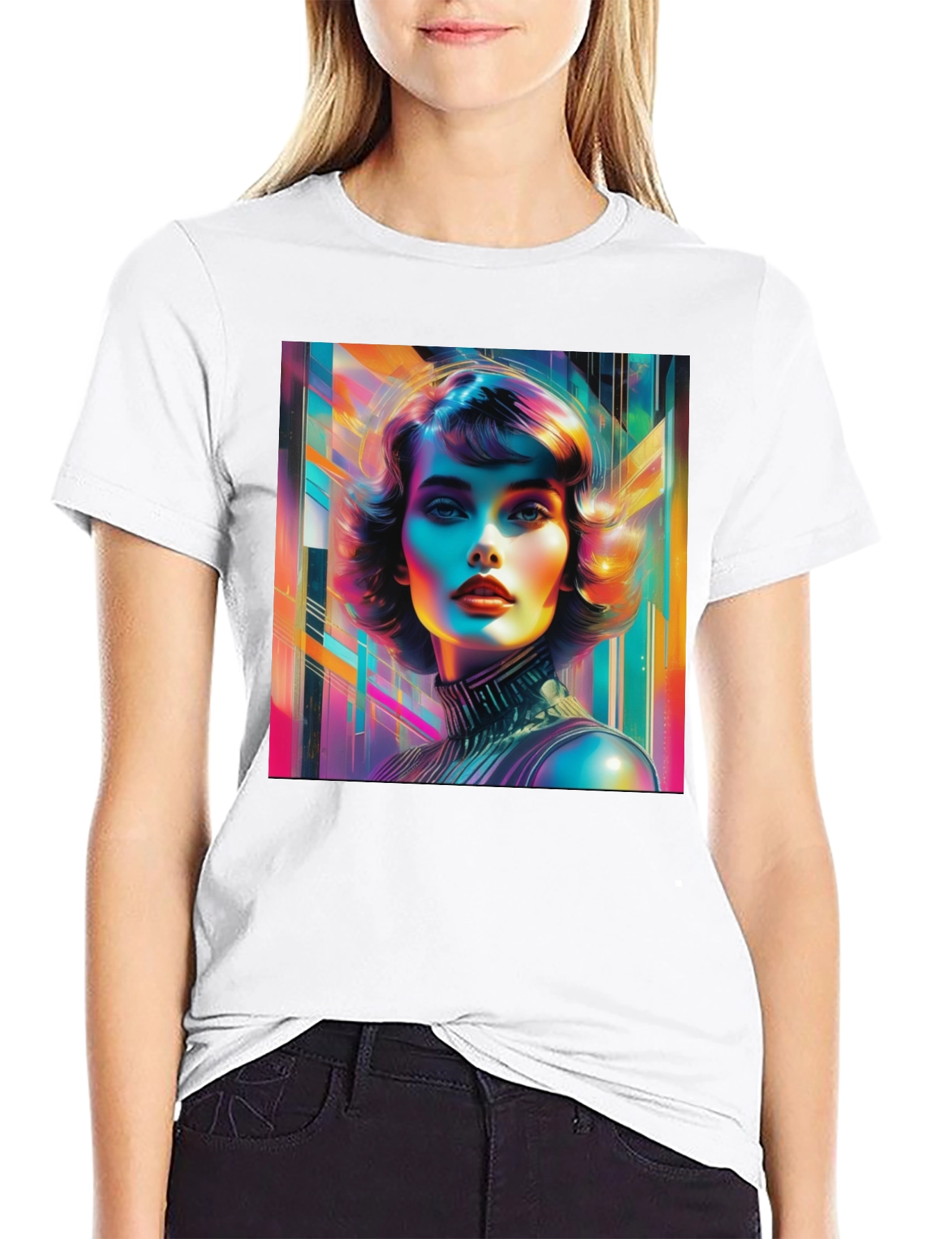 Black Vivid Retro Woman Graphic Tee - Modern Art Style view 9