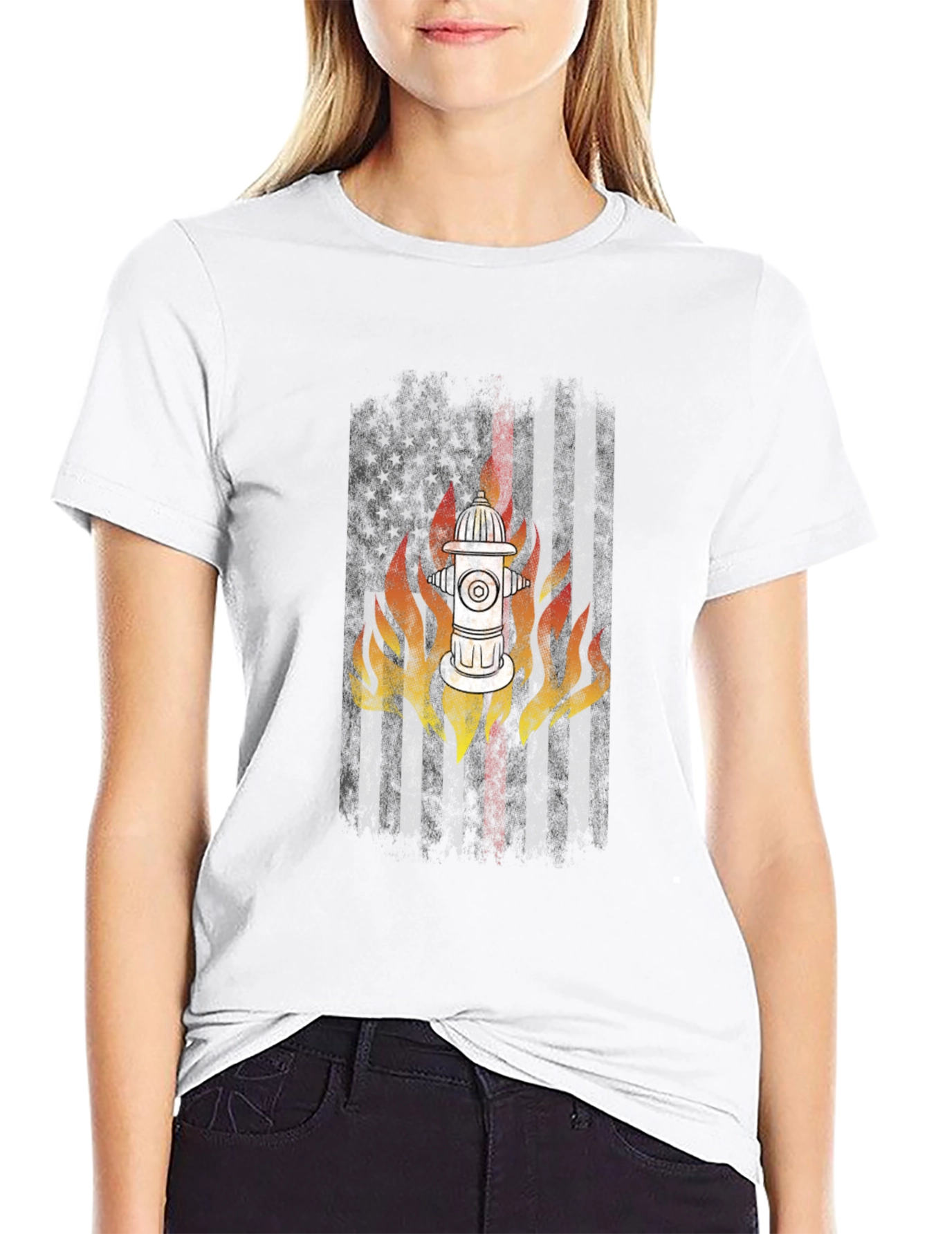 Black Firefighter USA Flag Hydrant T-Shirt view 9