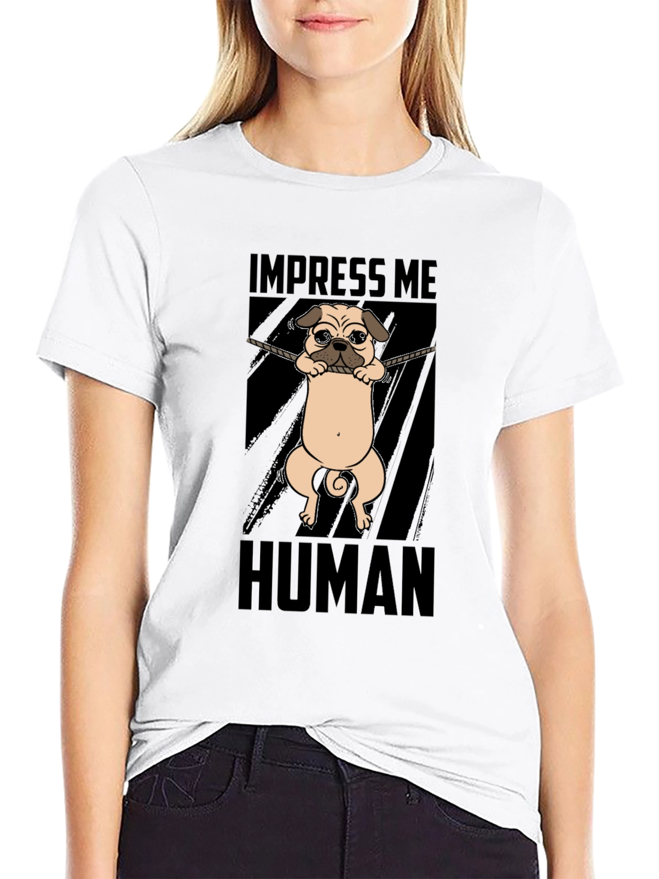 Black Impress Me Human Pug Graphic T-Shirt view 9