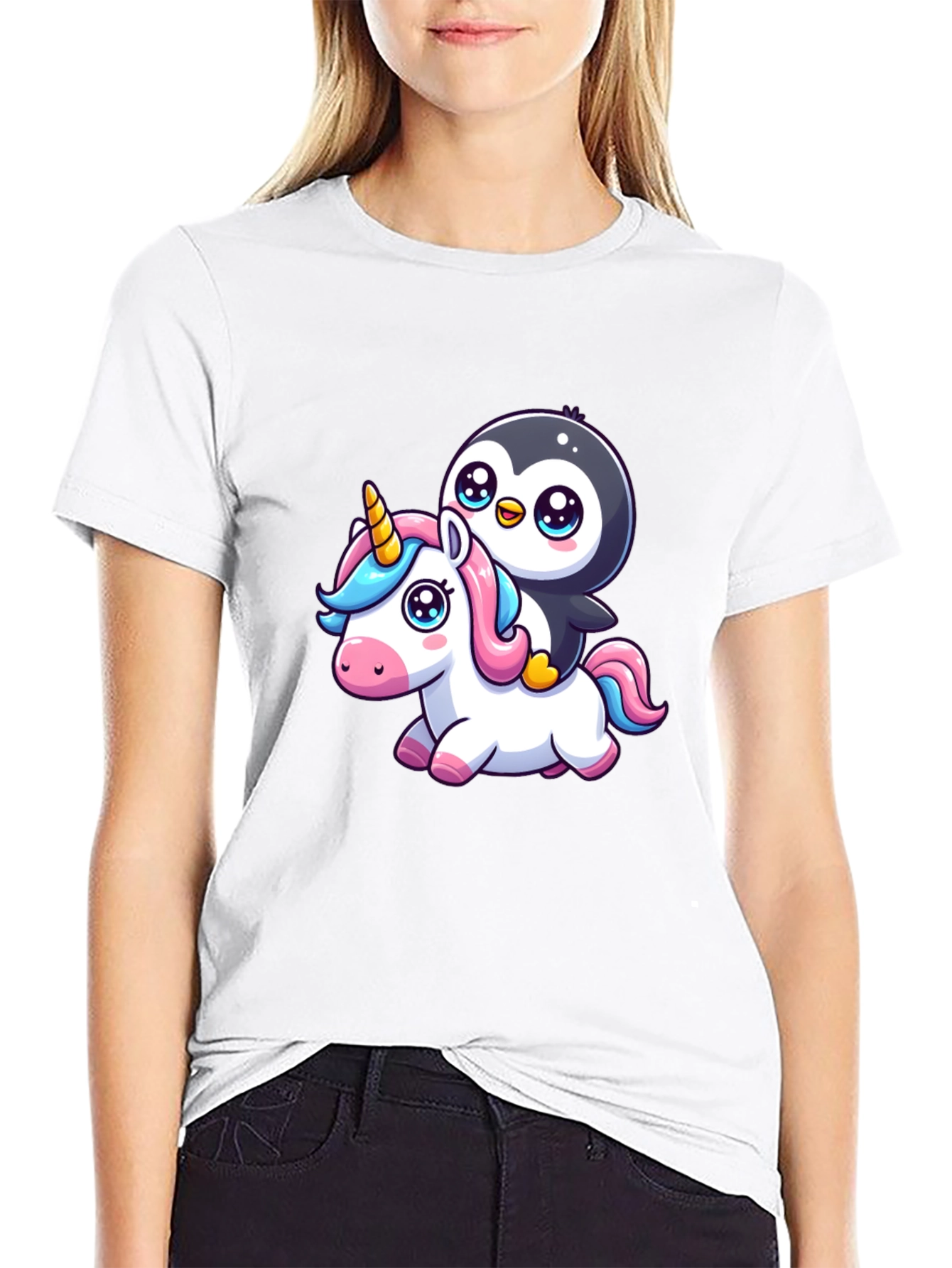 Black Penguin Riding Unicorn Graphic Tee view 9
