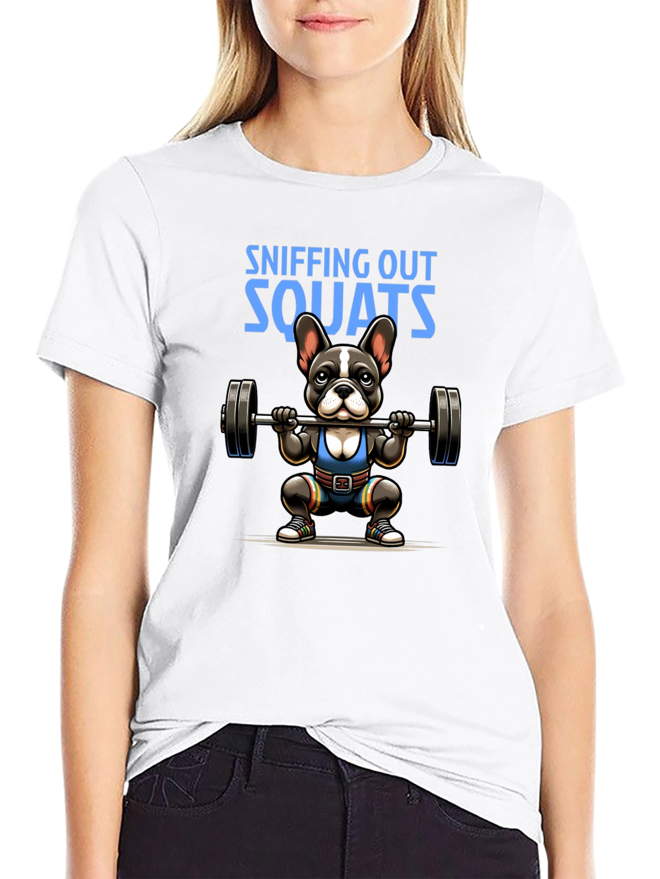 Black Sniffing Out Squats T-Shirt - Fitness Dog Design view 9