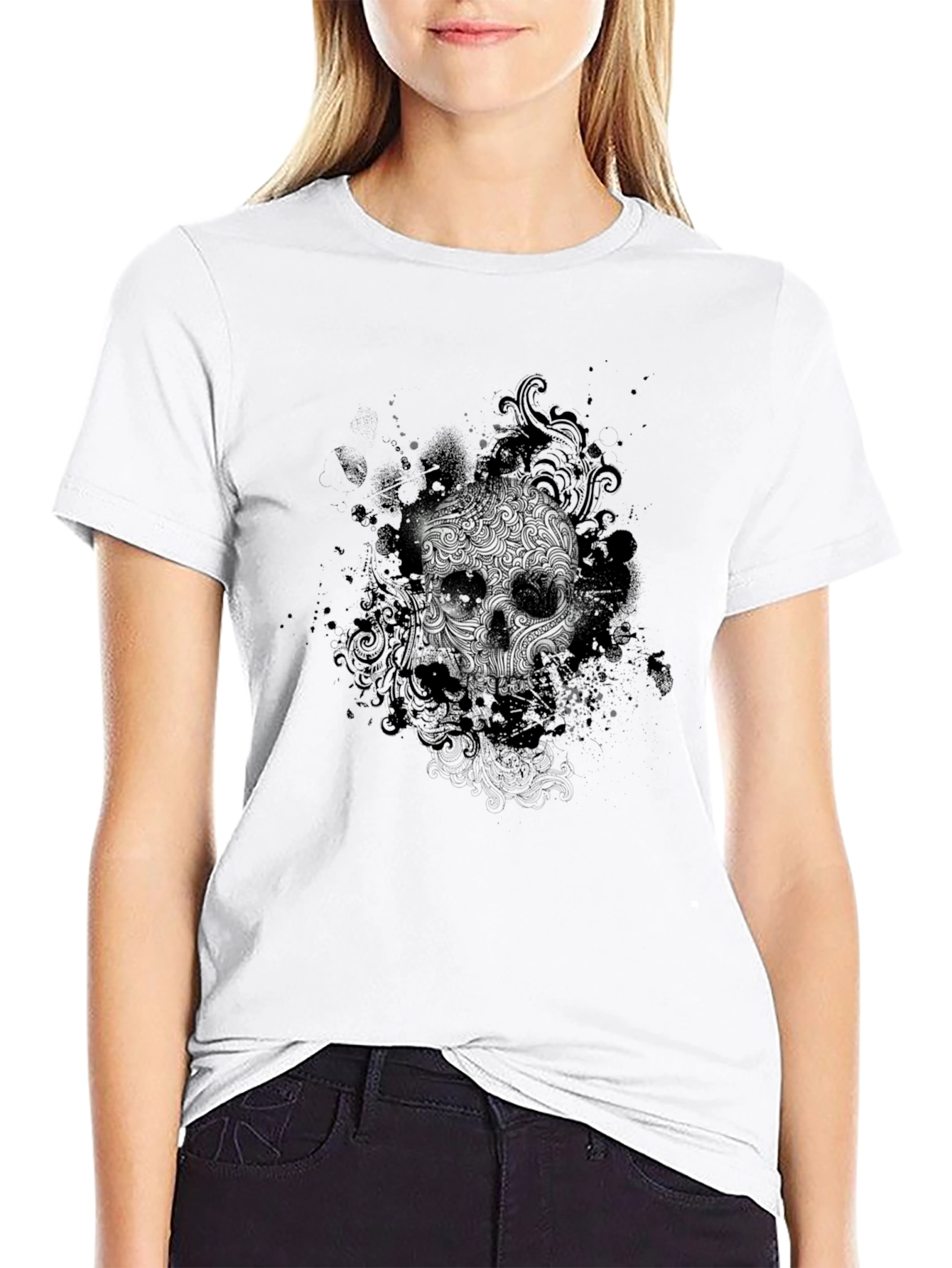 Black Skull Graphic Black T-Shirt - Artistic Design view 9