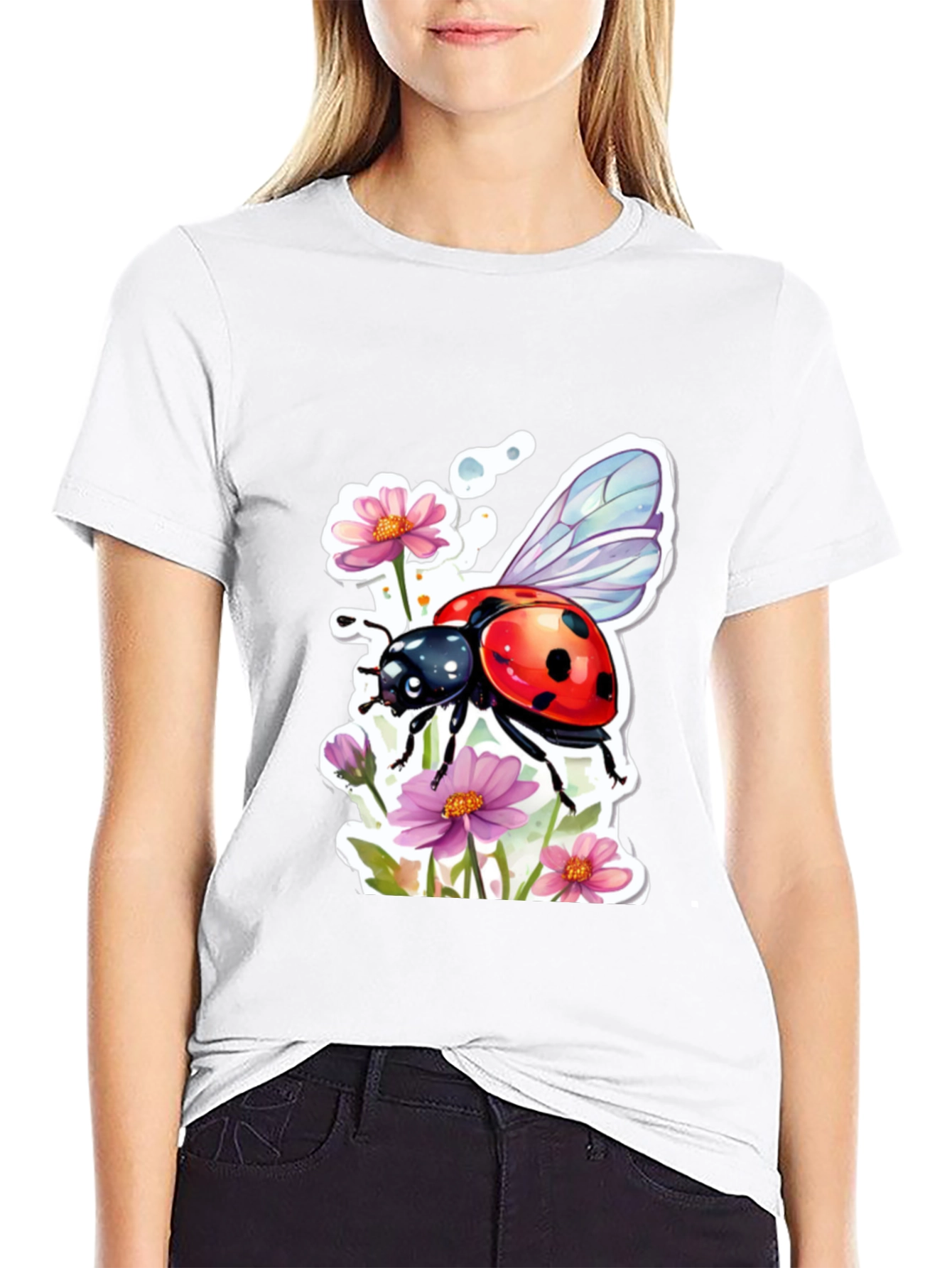 Black Ladybug & Floral Graphic Tee - Trendy Black T-Shirt view 9