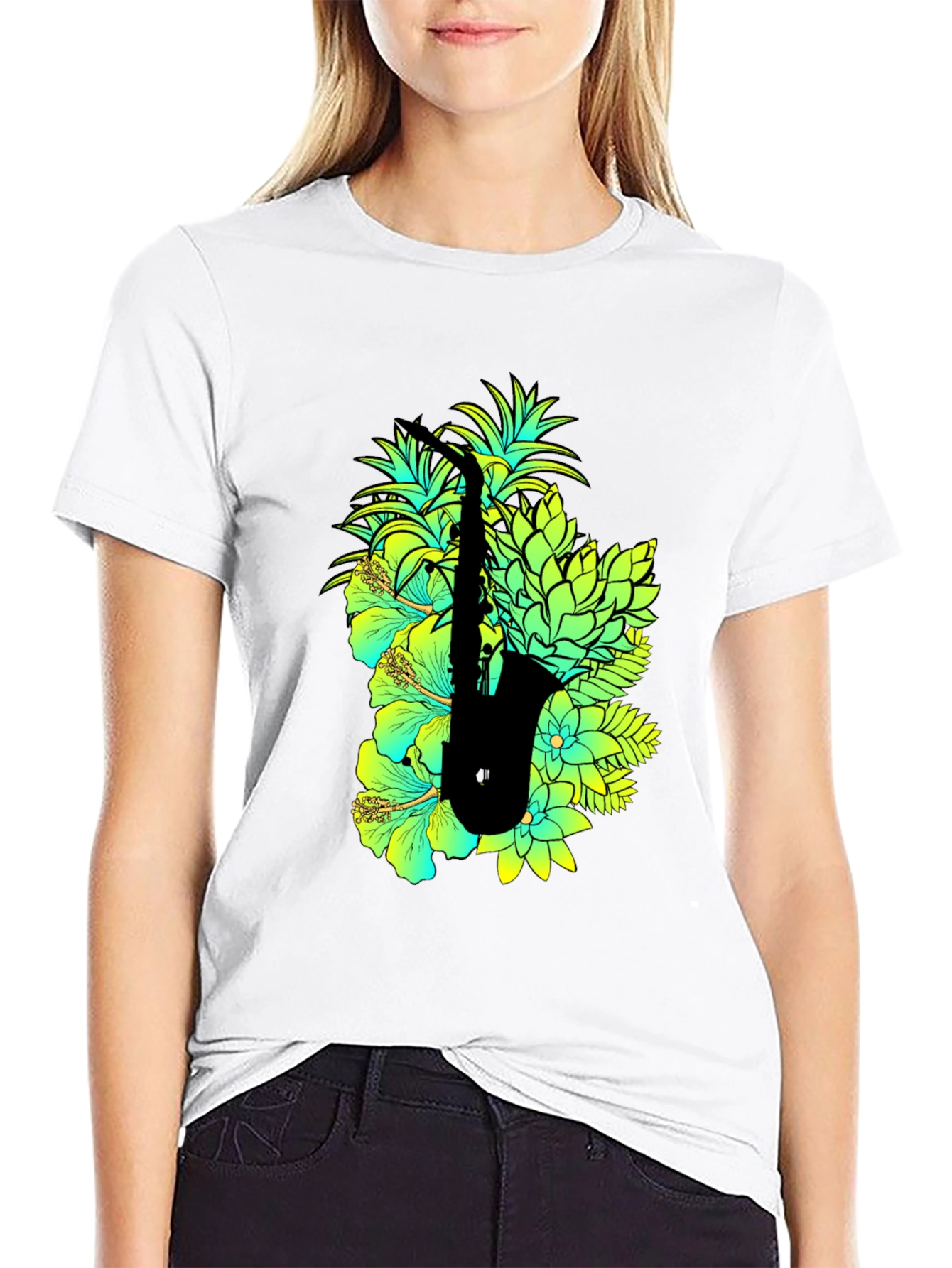Black Tropical Saxophone Graphic Black T-Shirt view 9