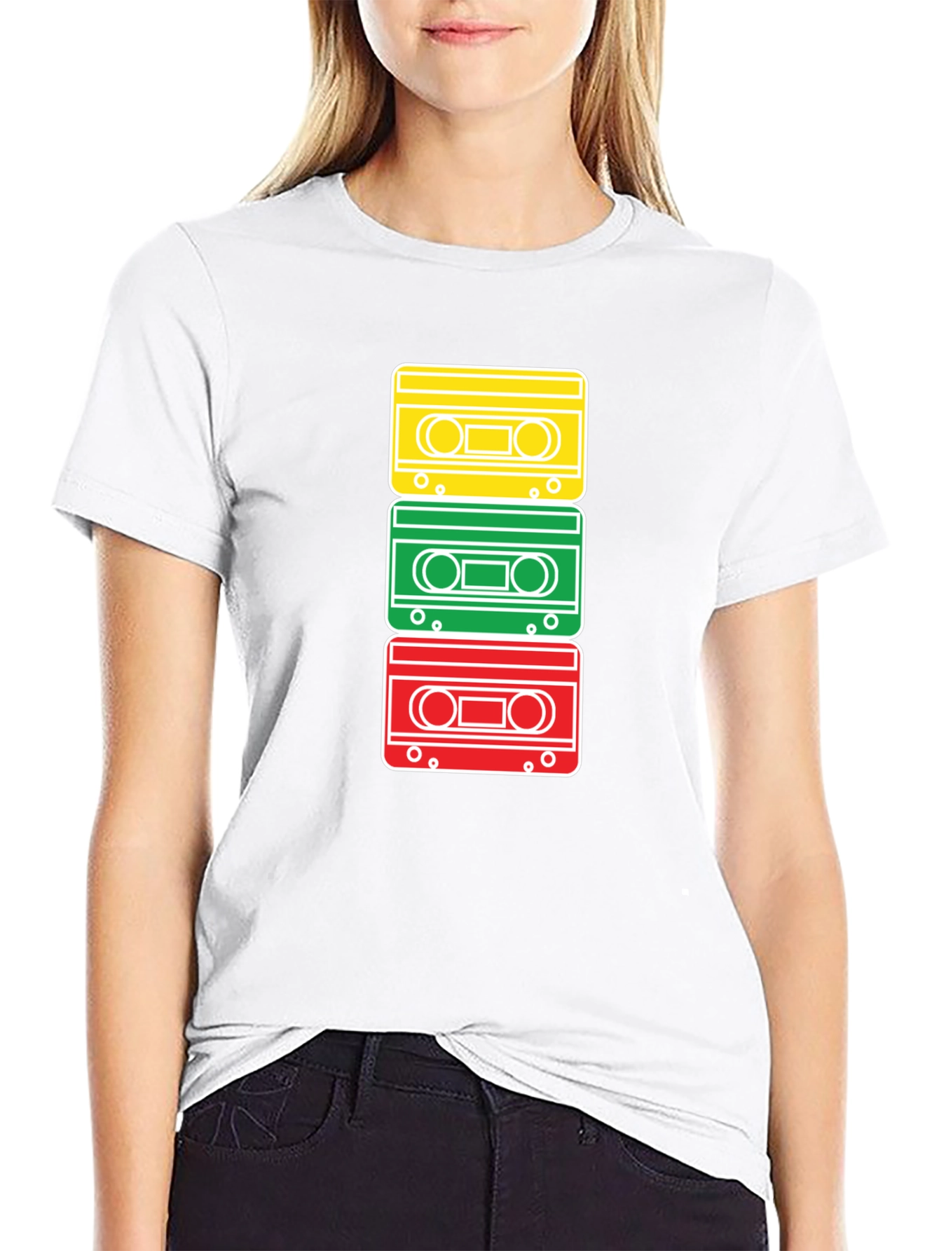 Black Retro Cassette Tape Stack Graphic T-Shirt view 9