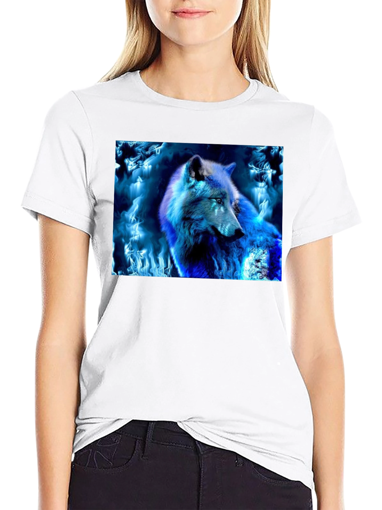 Black Blue Fire Wolf Graphic Tee - Black Cotton Blend view 9