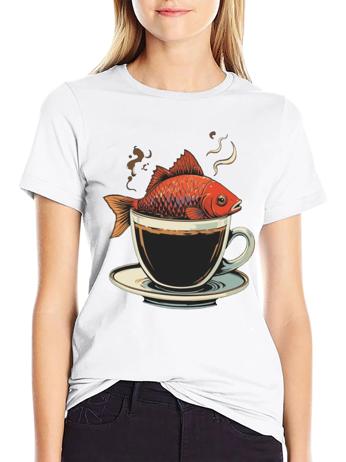 Black Fish in Coffee Cup T-Shirt - Unique Graphic Tee view 9