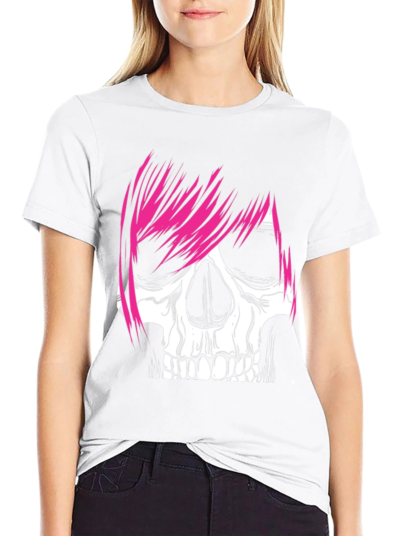 Skull with Pink Hair Graphic Tee - Men's Black T-Shirt - 9