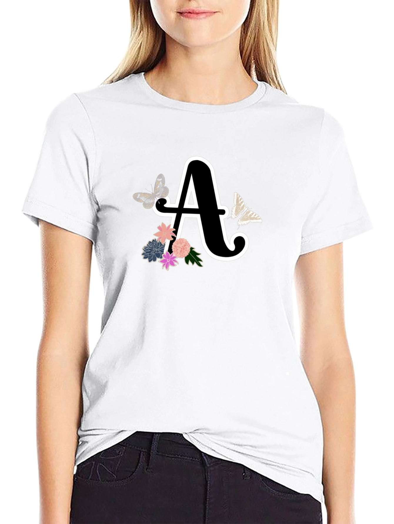Black Monogram A Black T-Shirt with Butterflies and Floral Design view 9