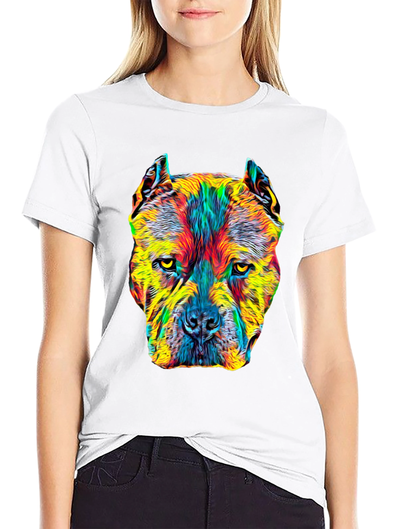 Black Colorful Pitbull Dog Graphic Print Black T-Shirt view 9
