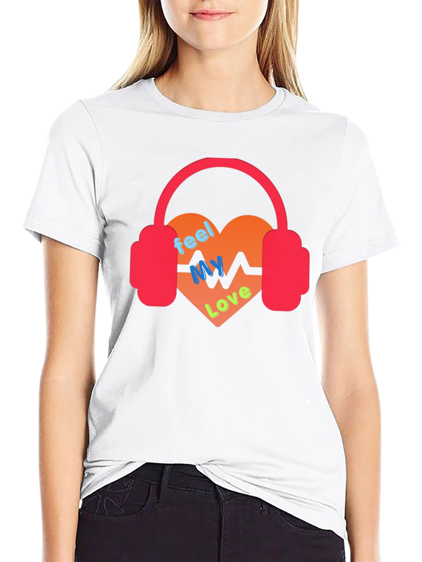Black Feel My Love Heartbeat Headphones Graphic Tee view 9