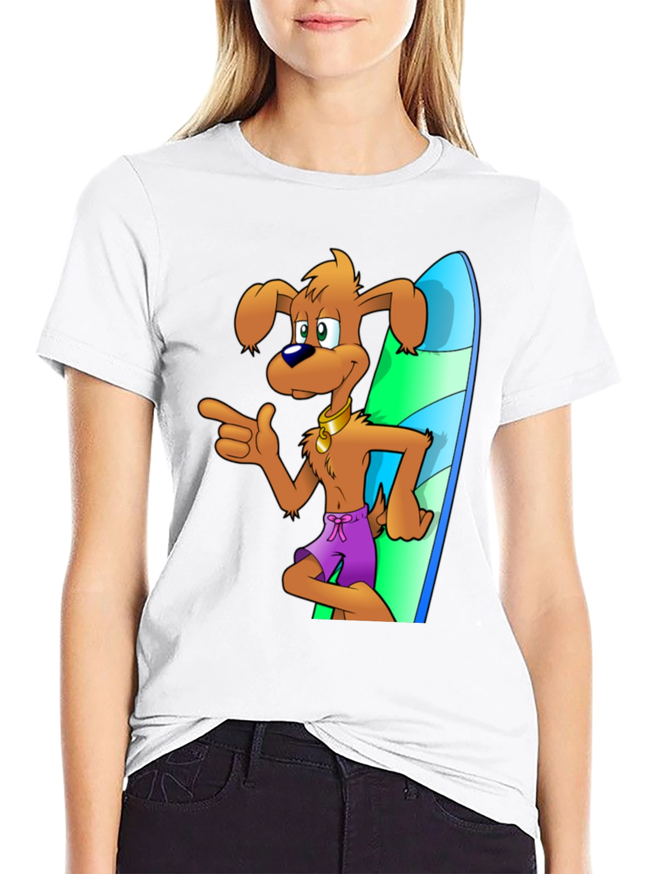 Black Cartoon Dog Surfing T-Shirt view 9