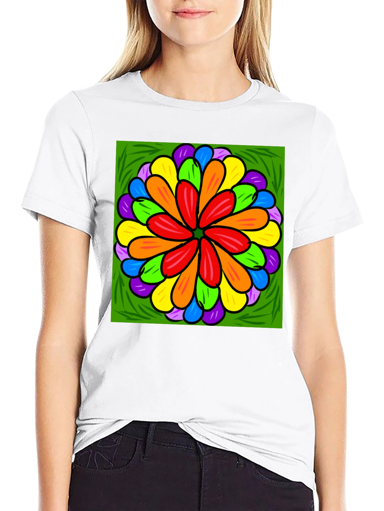 Black Rainbow Flower Graphic Print Black T-Shirt view 9