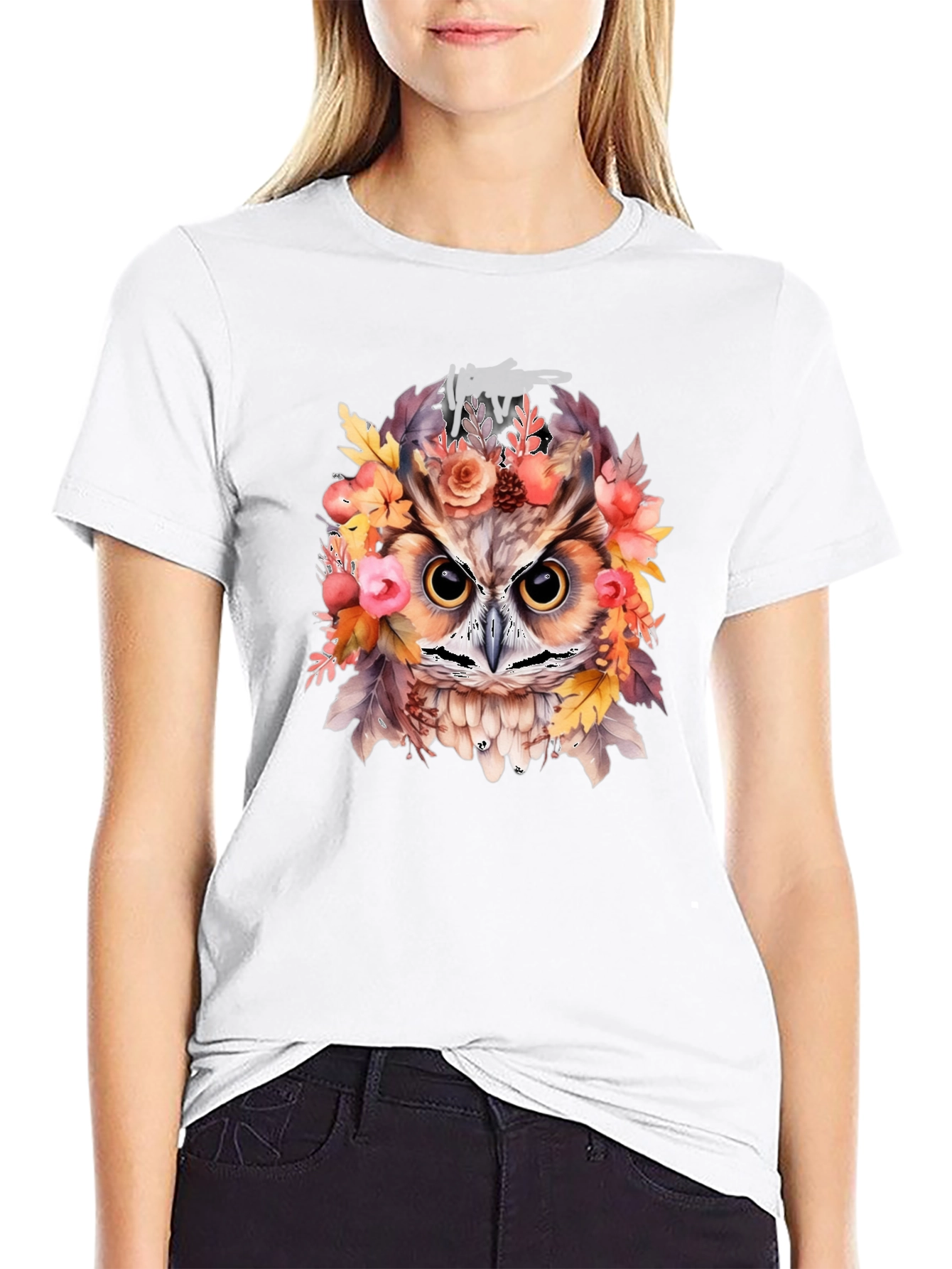Black Floral Owl Graphic Print Black T-Shirt view 9
