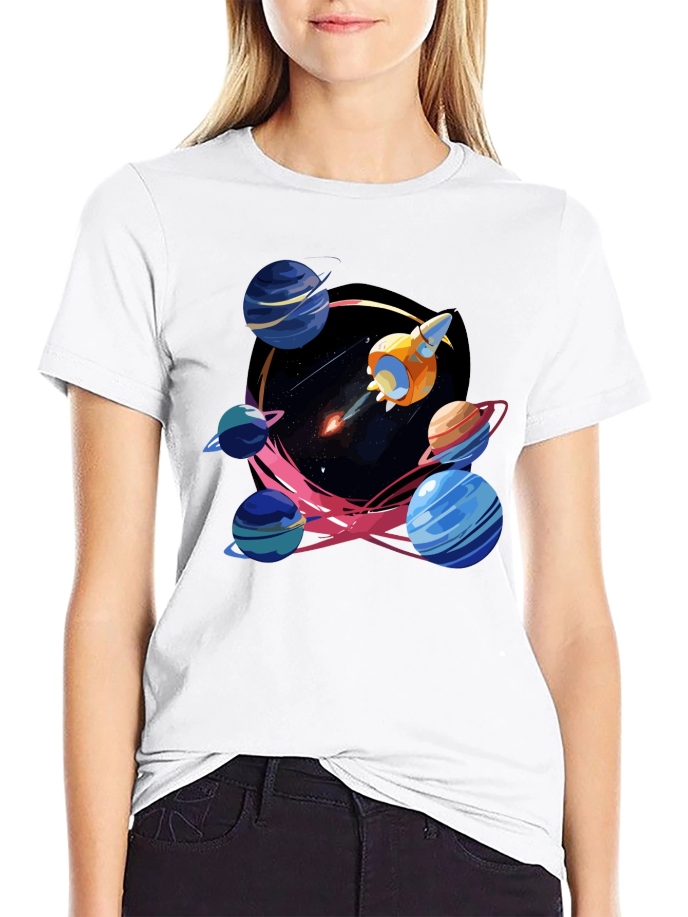 Black Space Adventure T-Shirt: Rocket and Planets view 9