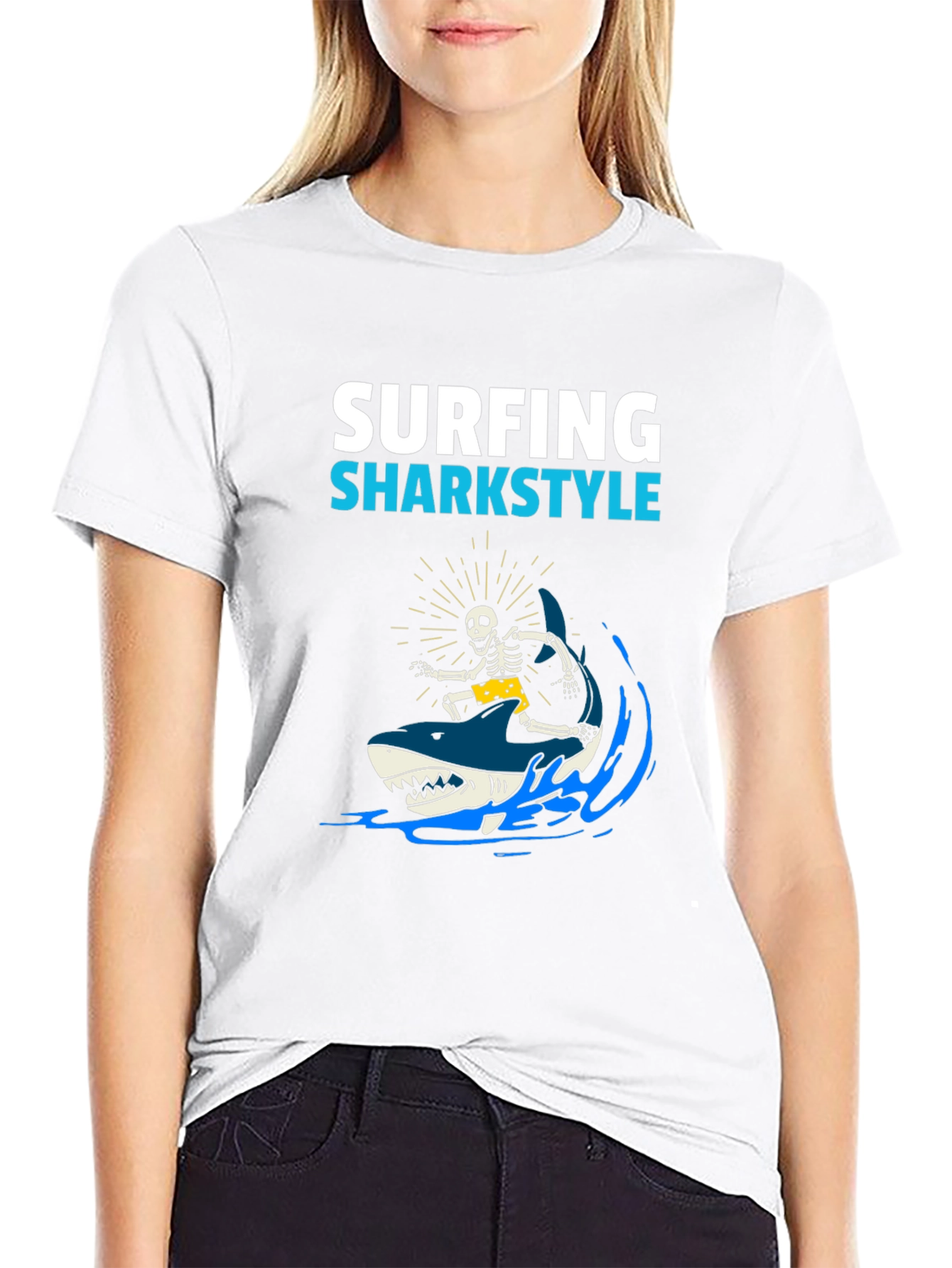 Black Surfing Sharkstyle Skeleton Graphic T-Shirt view 9