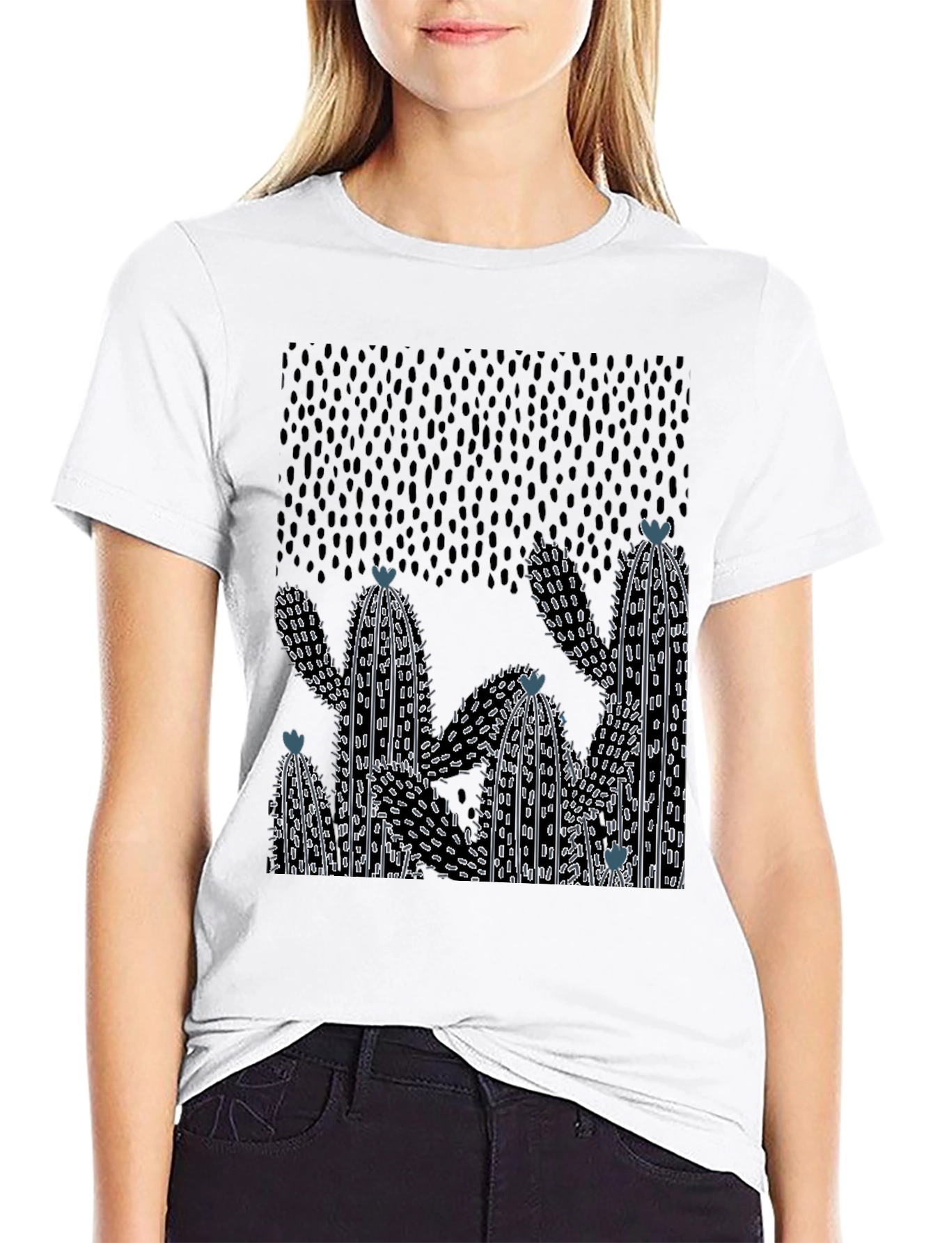Black Cactus Graphic Print Crew Neck T-Shirt view 9