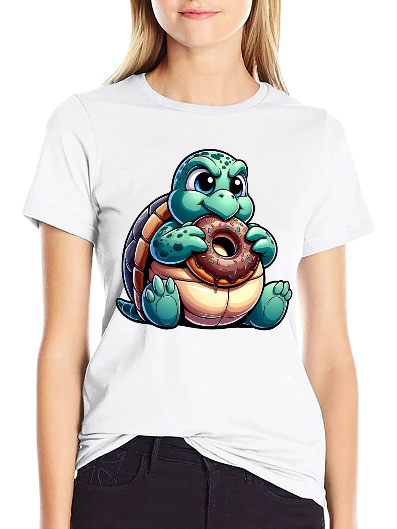 Black Turtle Eating Donut Graphic Tee - Fun Cartoon Shirt view 9