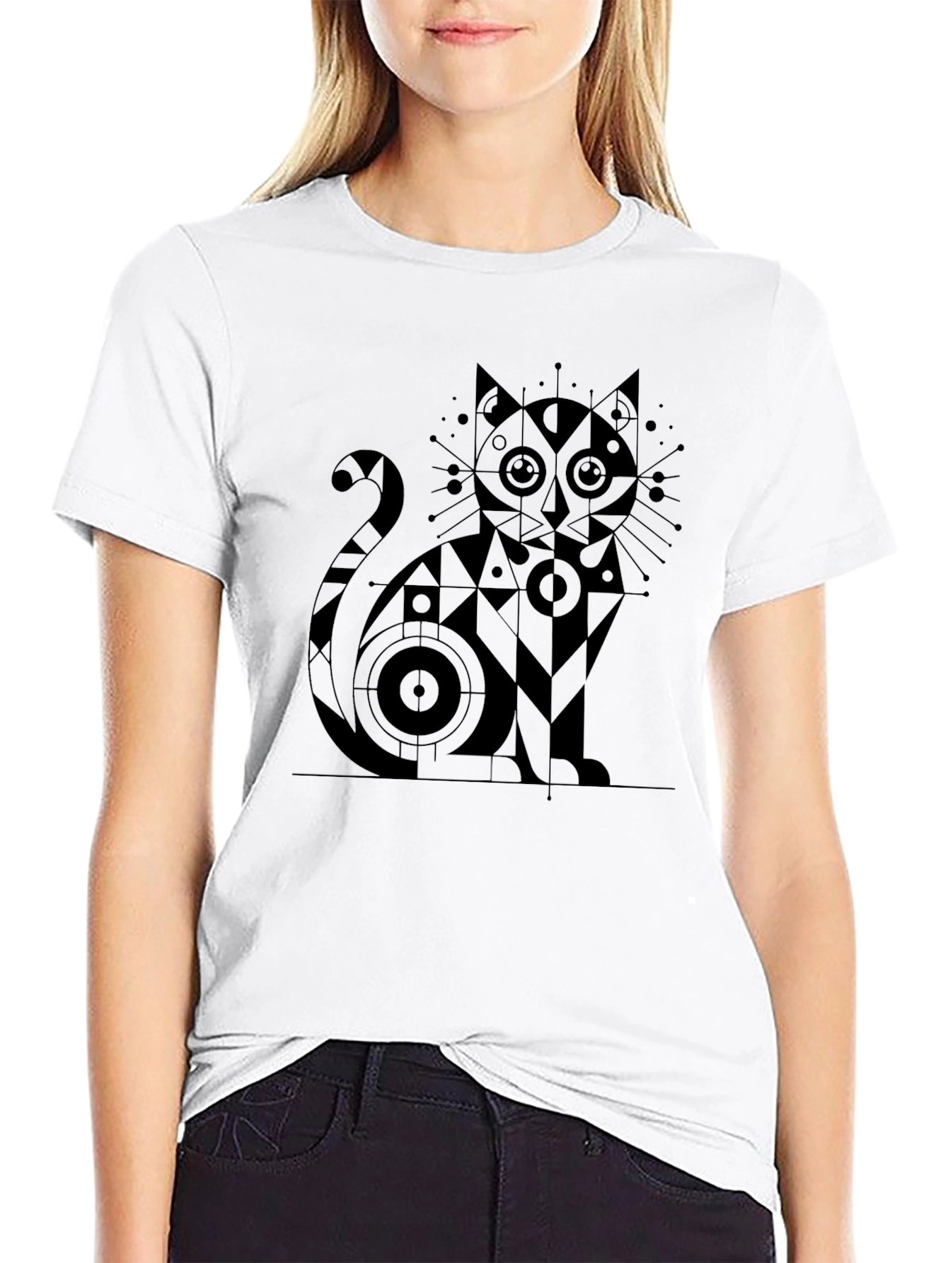 Black Abstract Geometric Cat Graphic Tee view 9