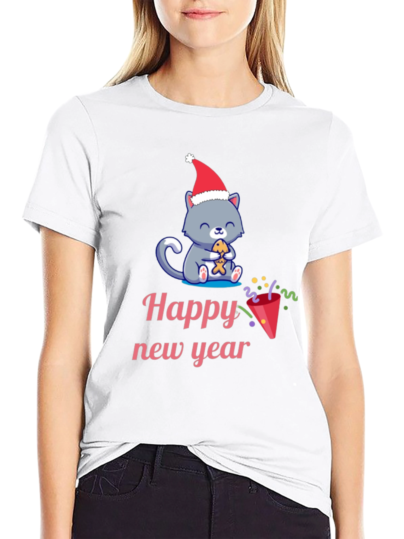Black Festive Happy New Year Cat T-Shirt view 9