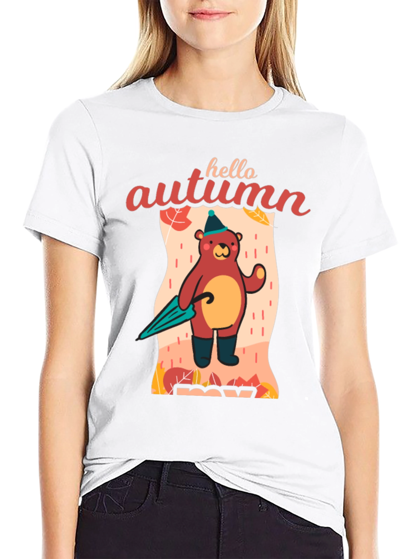 Black Hello Autumn Bear T-Shirt, Fall Season Apparel view 9