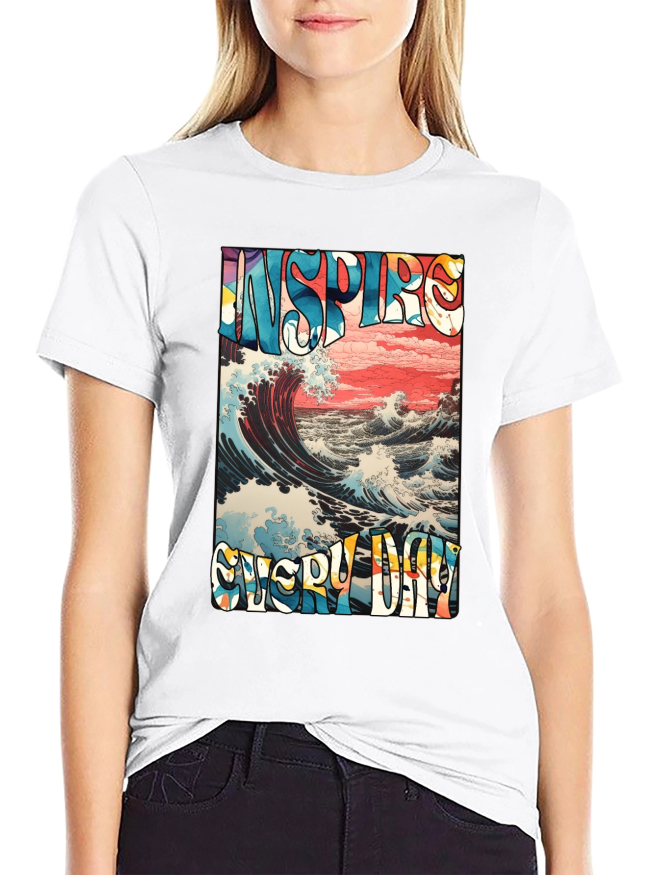 Black Inspire Every Day Graphic T-Shirt - Ocean Wave Design view 9