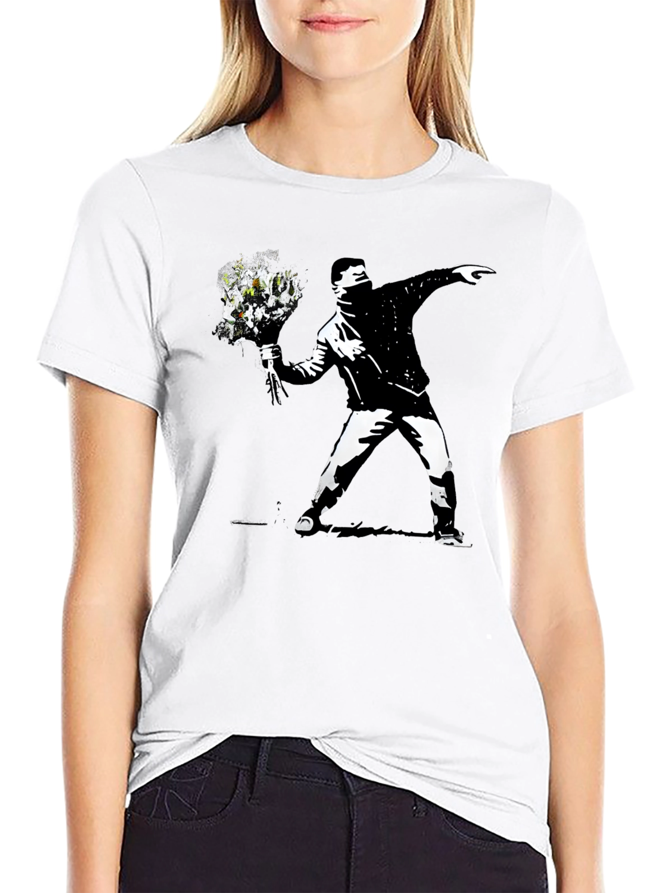 Black Banksy Flower Thrower Graphic Black T-Shirt view 9
